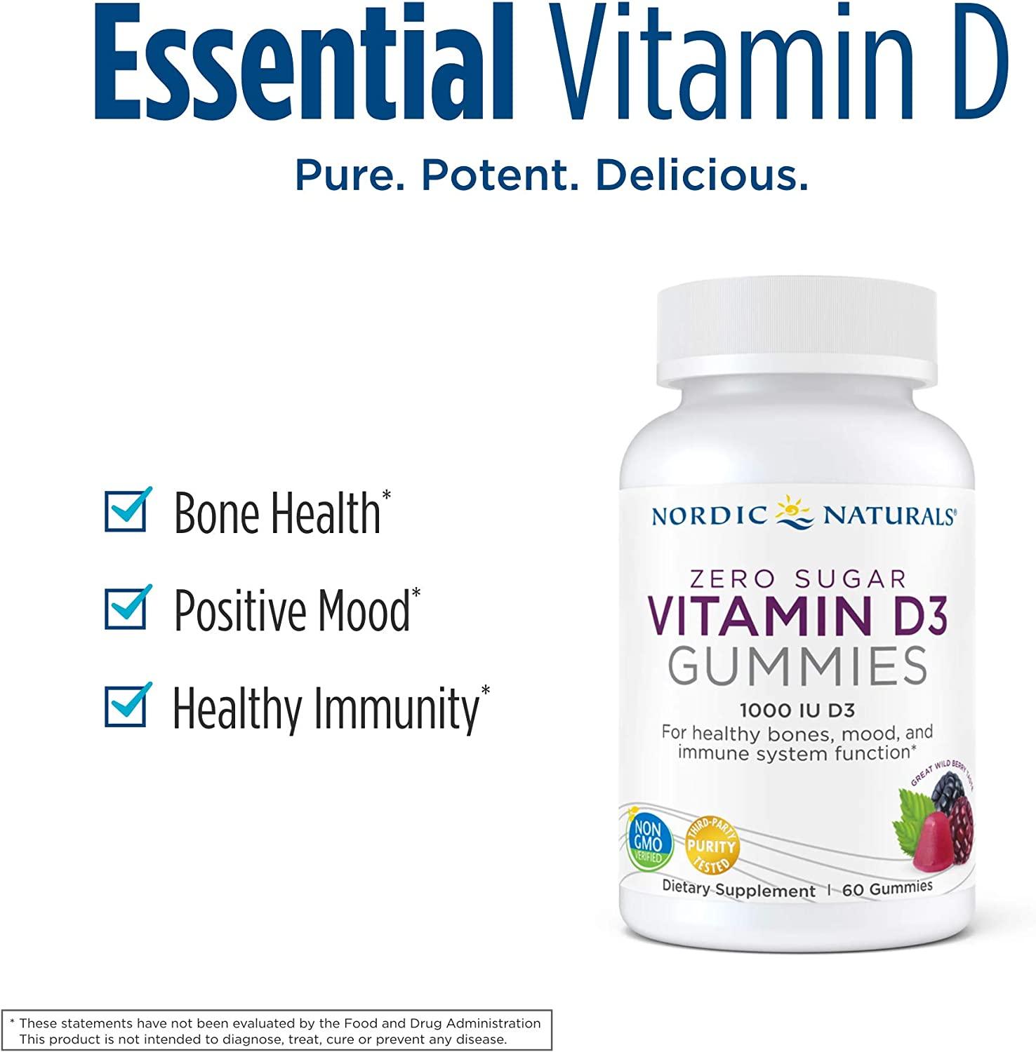 Nordic Naturals Vitamin D3 Gummies 25 mcg Zero Sugar Wild Berry (60 Count)