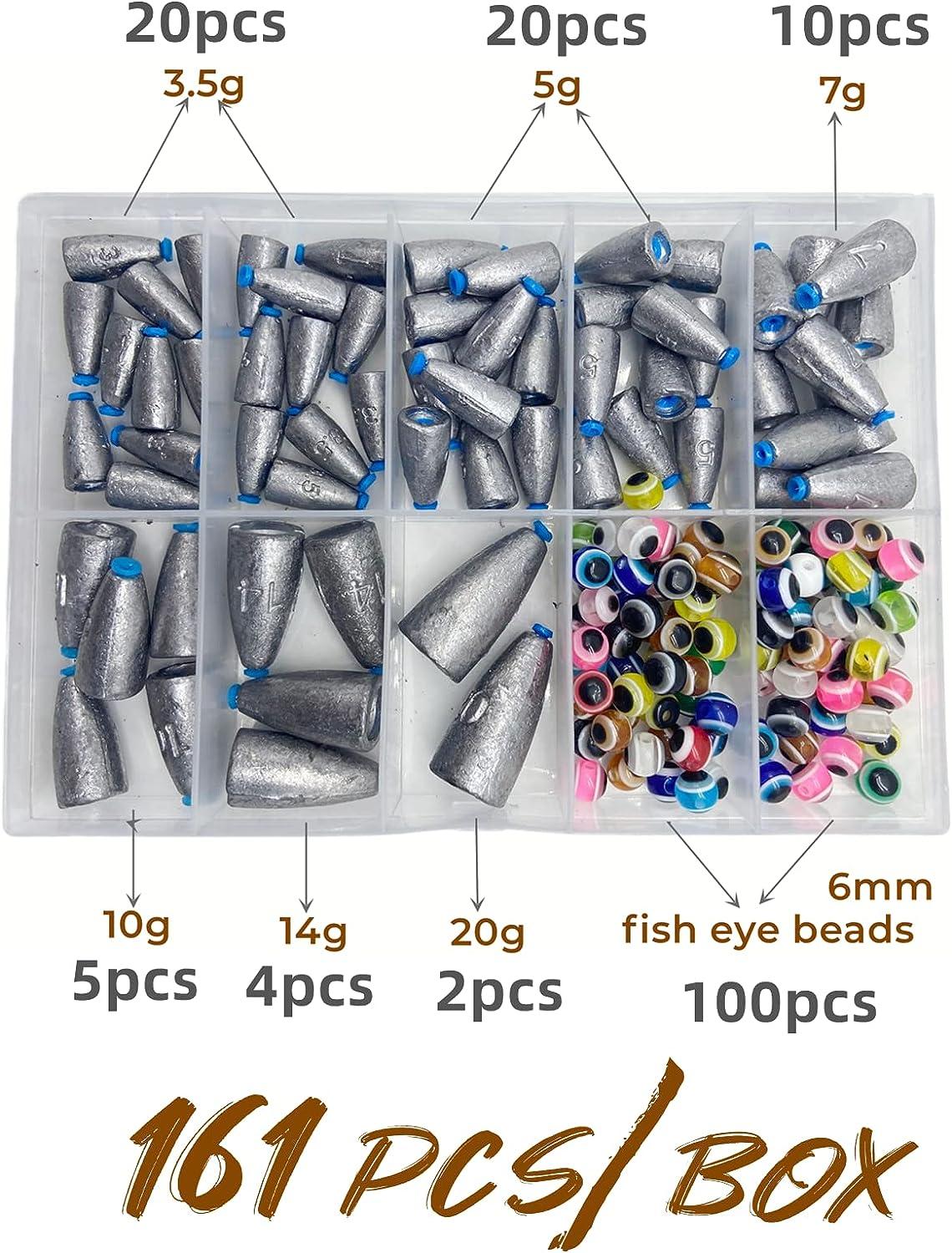 DAMIDEL 161Pcs/Box Worm Fishing Sinker Weights Kit with Soft Plastic  Core(20g,14g,10g,7g,5g,3.5g Mixed, 61Pcs Bullet Lead Fishing Weights , 100  Pcs Eye Beads Bait , Don't Hurt Line Texas Rig