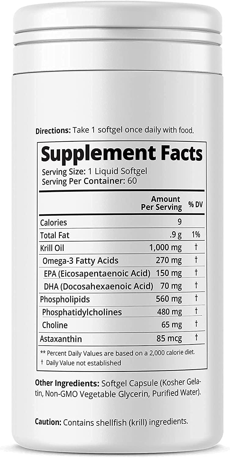 Pure Antarctic Krill Oil 1000mg softgel, 60Day Supply, Organic Omega 3