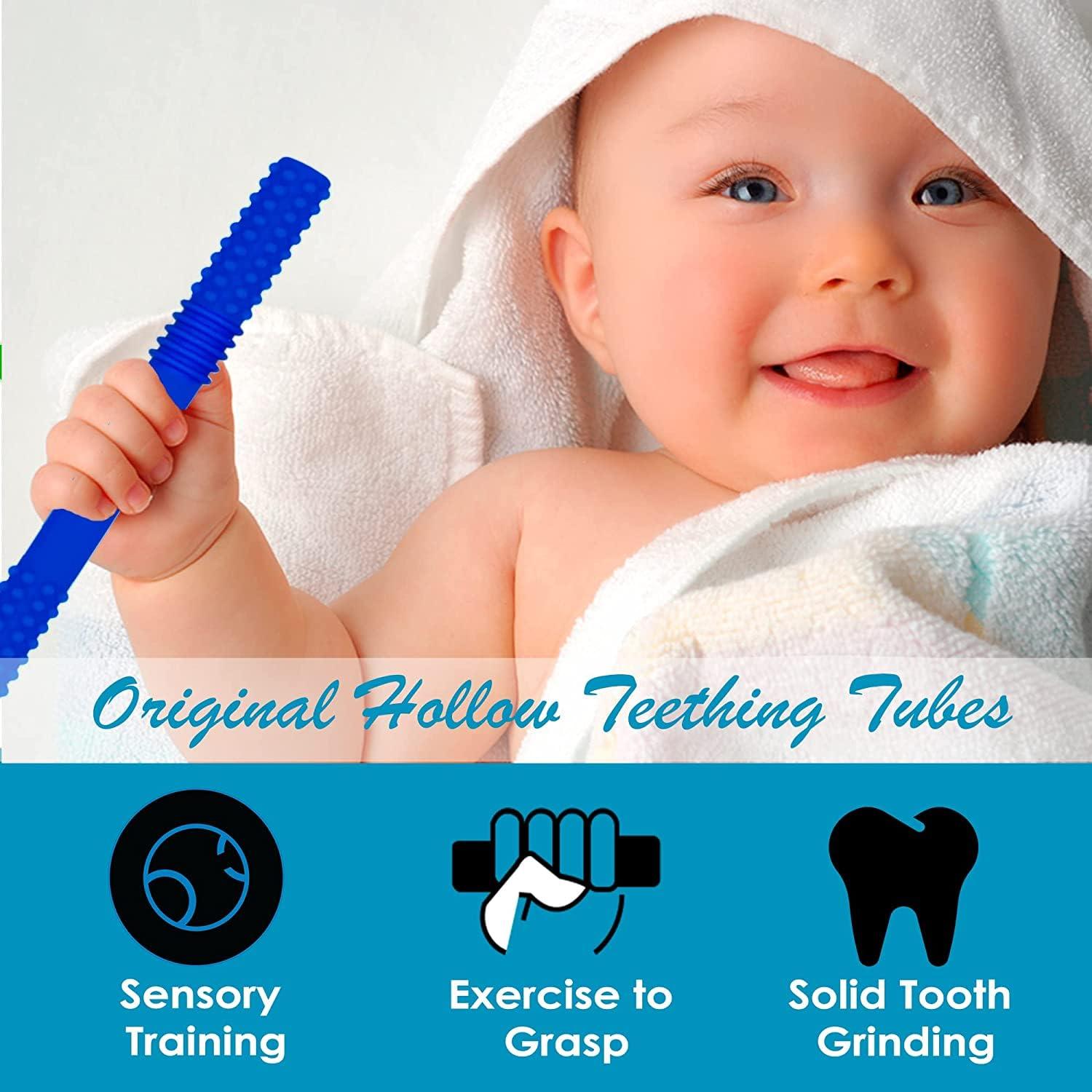 6-Pack Hollow Teething Tubes with Brush Soft Durable Silicone