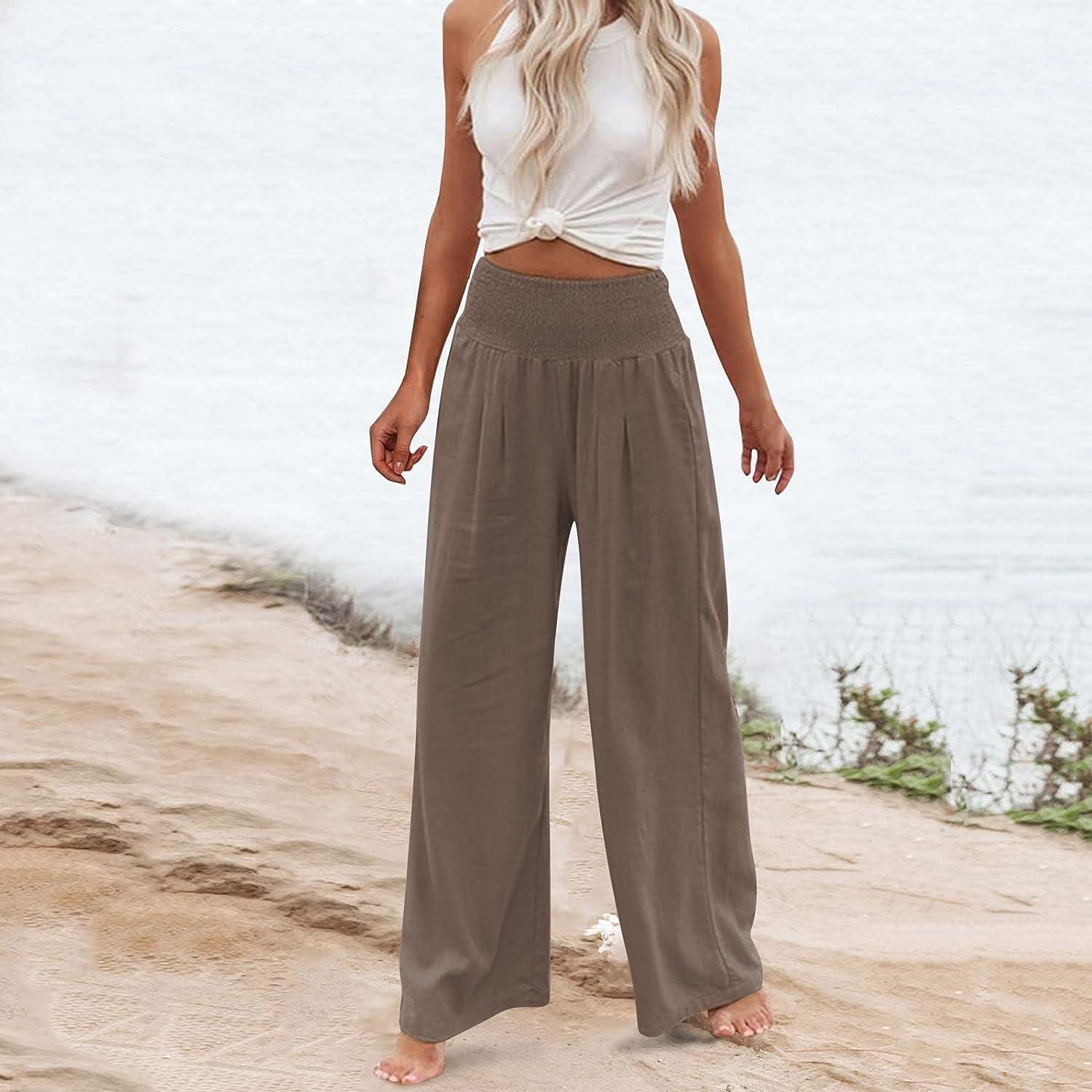 JEGULV Linen Pants for Women Casual Summer High Waist Wide Leg Palazzo  Lounge Pants Solid Baggy Pant Trousers with Pocket D01#coffee X-Large