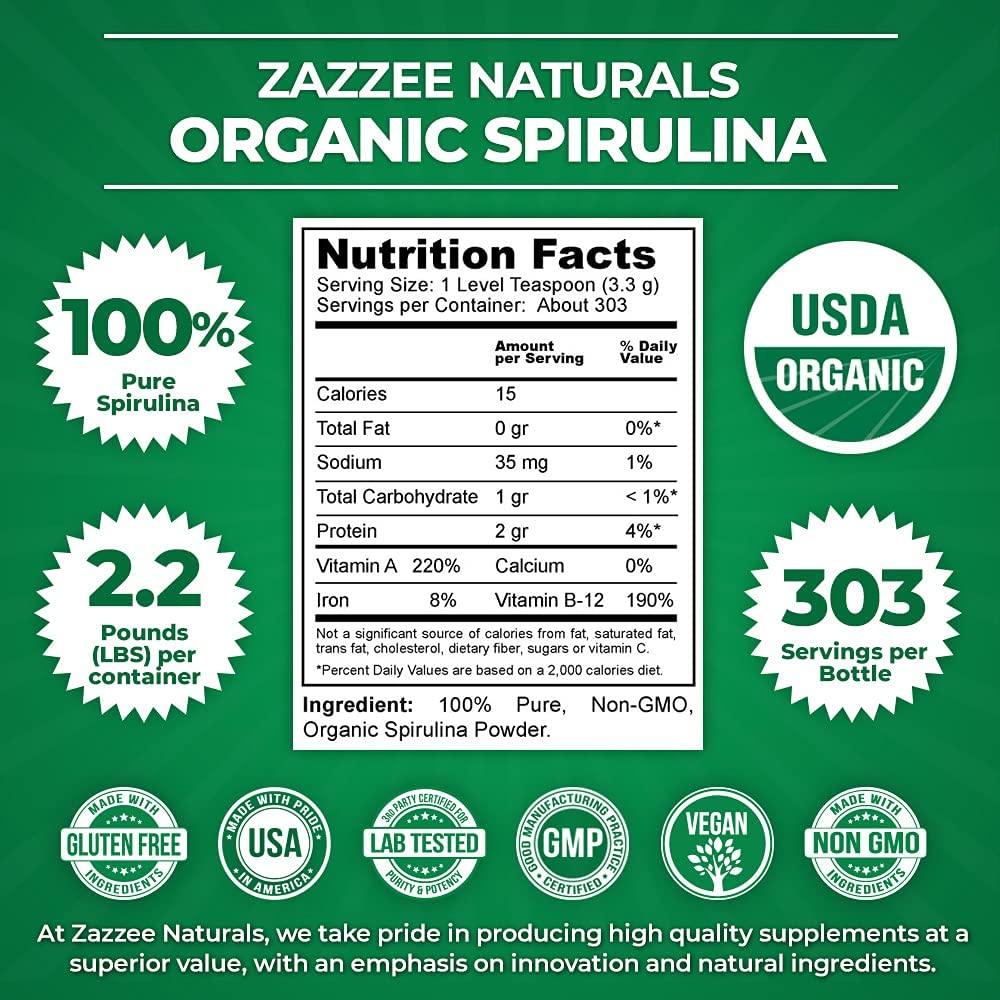 Zazzee USDA Organic Spirulina Powder 2.2 Pounds 303 Servings, 100