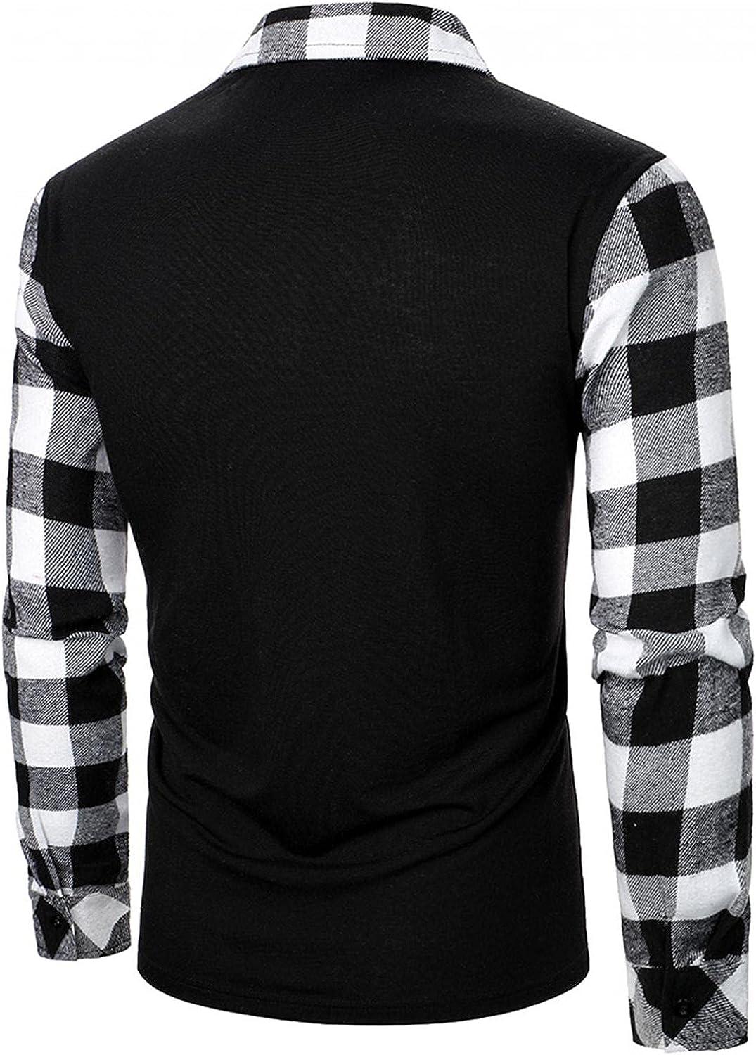 JSPOYOU Mens Plaid Printed Polo Shirts hisper Long Sleeve Lapel Zipper  Blouse Casual Slim Fit Business Office Shirts Tops Black, XX-Large