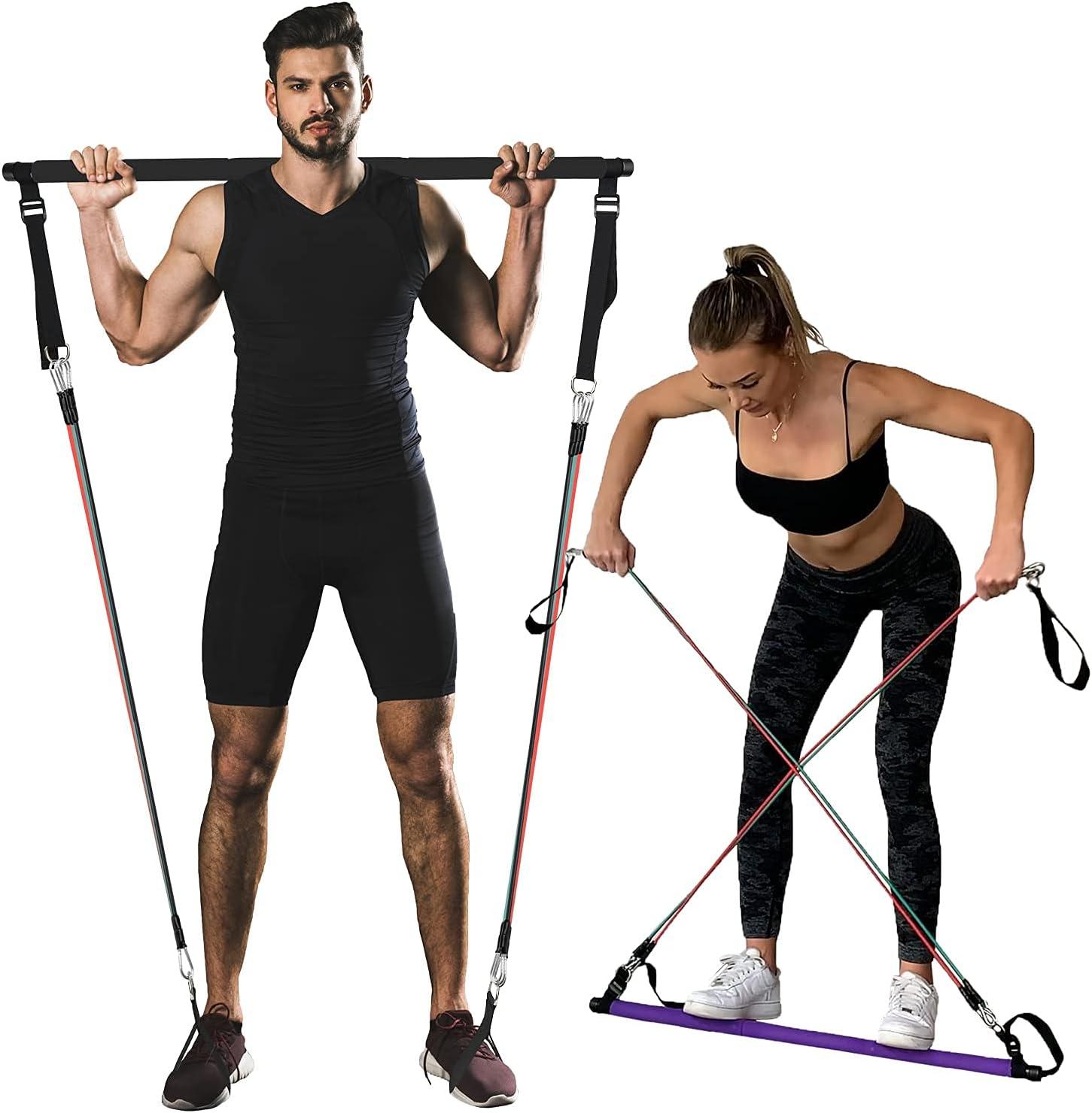 Portable Pilates Bar Kit With Resistance Bands For Men And Women - 6  Exercise Resistance Bands (15, 20, 30 LB) - Home Gym Equipment - Supports  Full-Bo