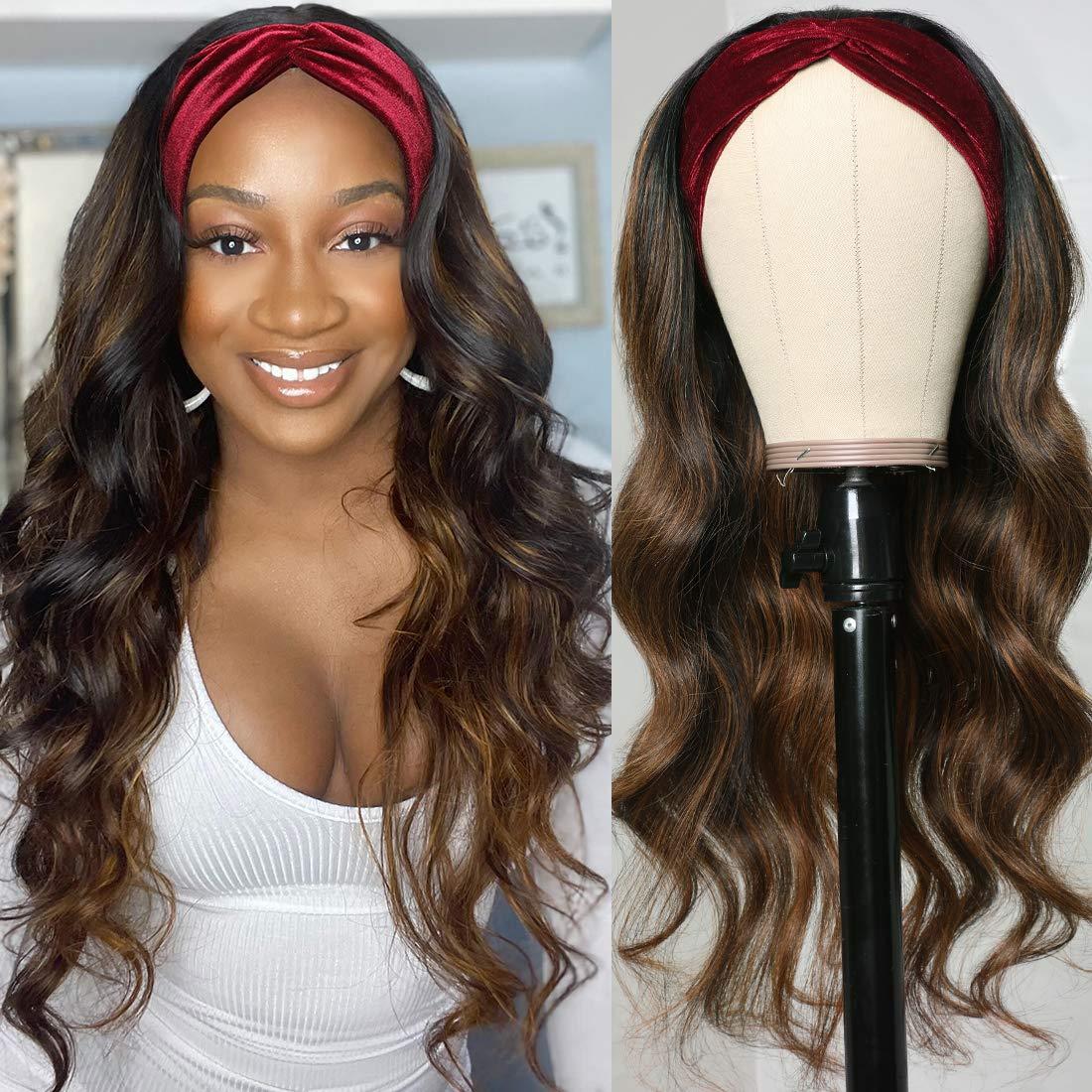 Nadula Hair FB30# Highlights Honey Brown Ombre Body Wave Headband Wigs  Human Hair None Lace Front Wig For Black Women, Brazilian Body Wave  Headband Wig Balayage Highlights Wig 150% Density (18inch) 18