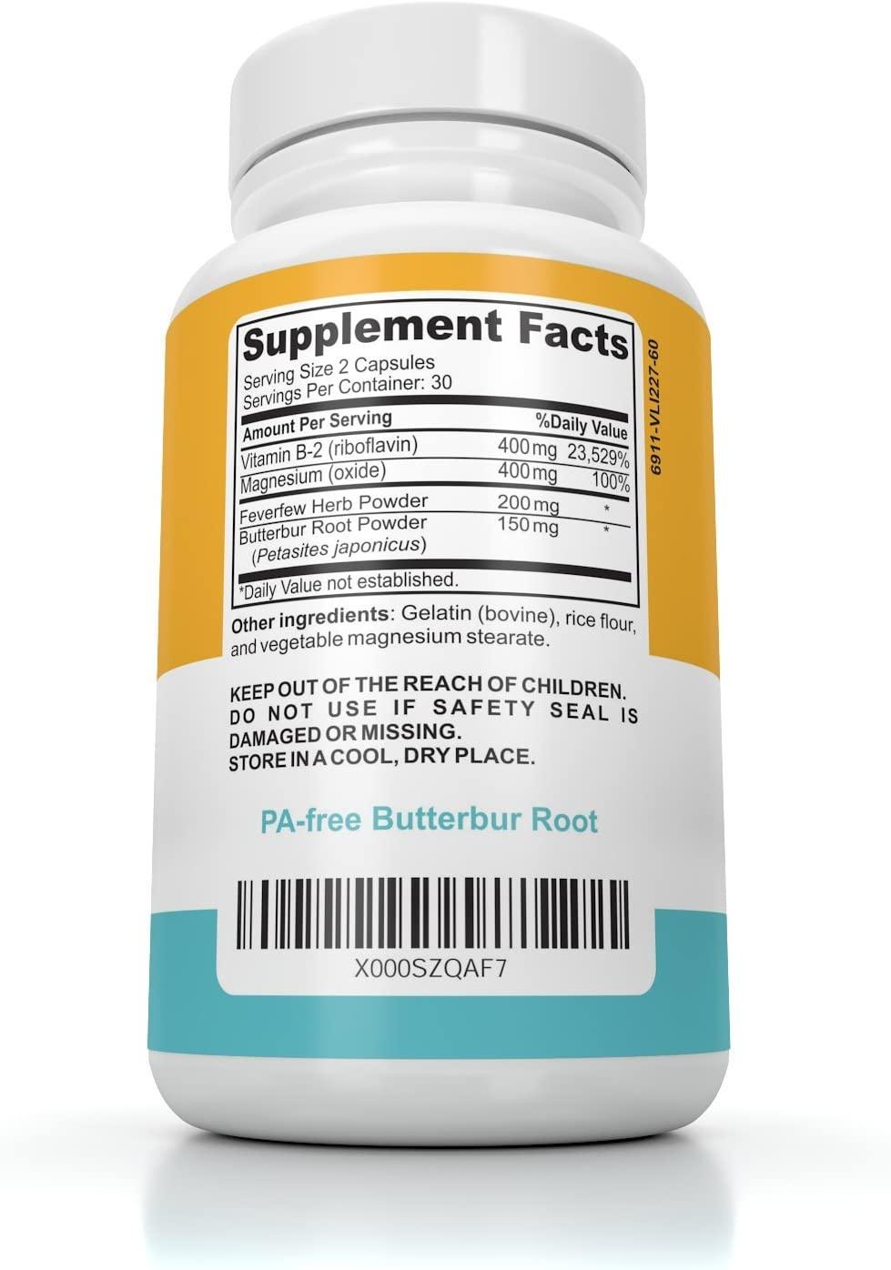 Migraine Relief Supplement PA Free Butterbur Root, Riboflavin