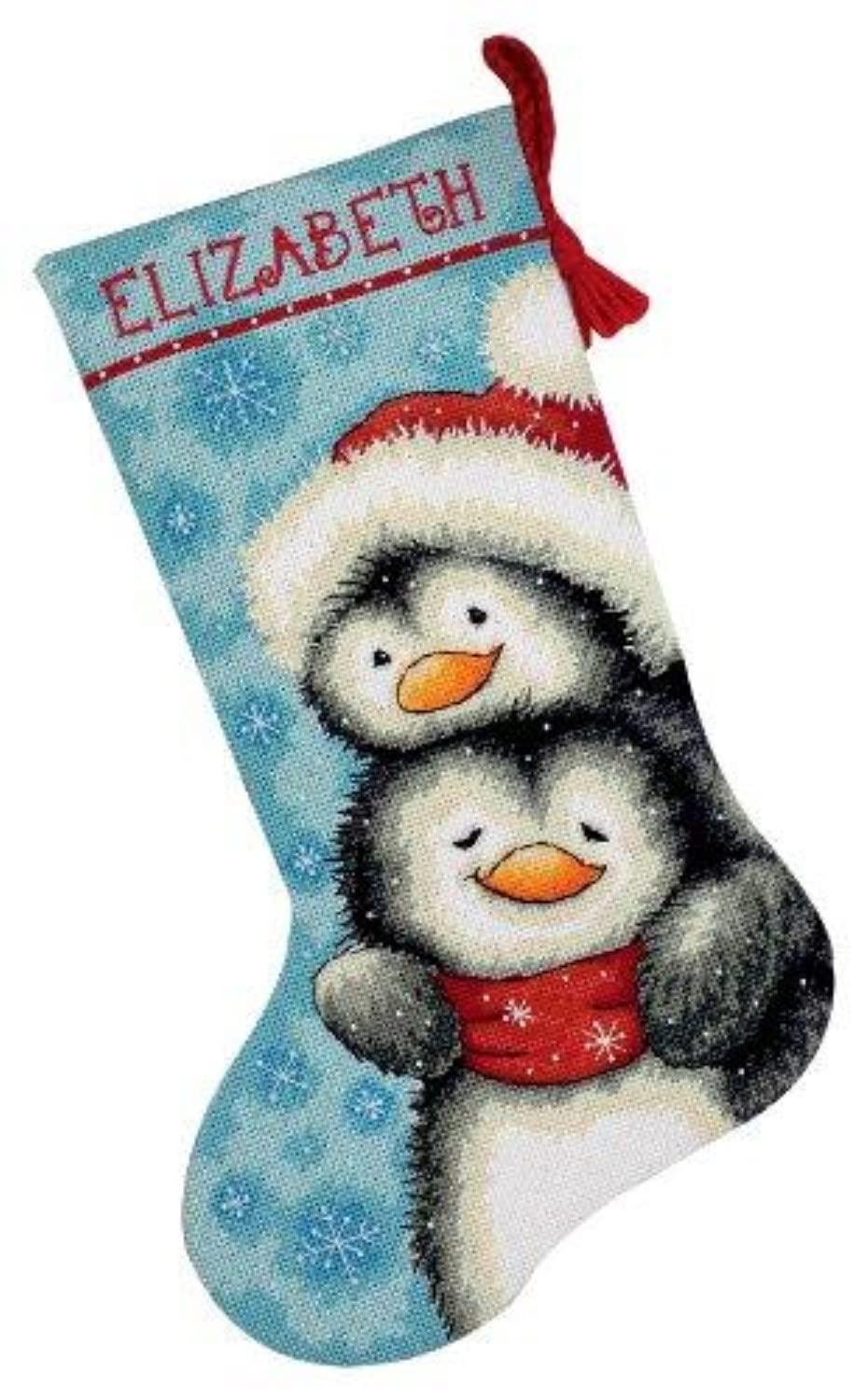Dimensions Needlepoint Hugging Penguins Personalized Christmas Stocking Kit,  Printed 12 Mesh Canvas, 16