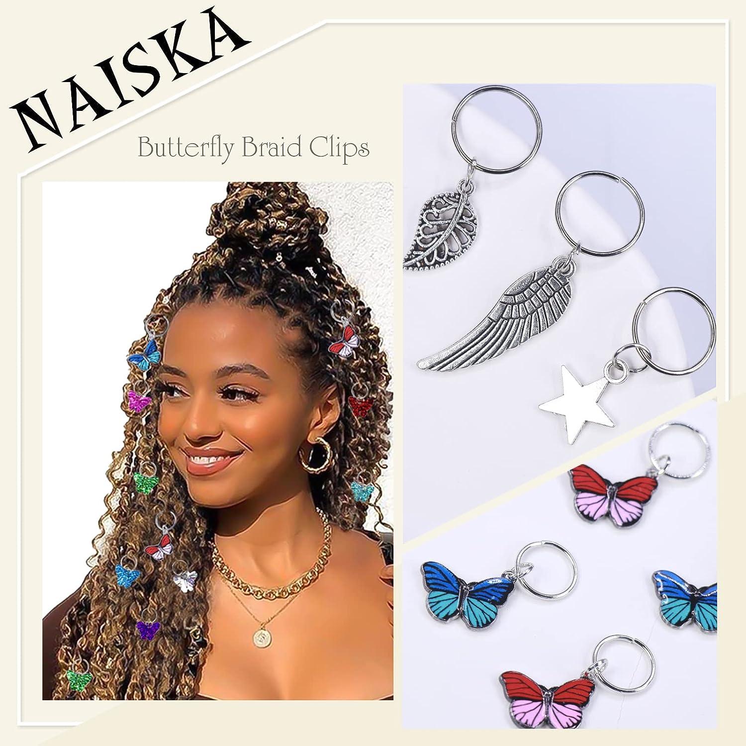 Naiska 20pcs Gold Butterfly Braid Clips Pearl Shiny Hair Dreadlock Accessories Colorful Butterflies Pendant Crystal Dreadlock Charms Star Braid