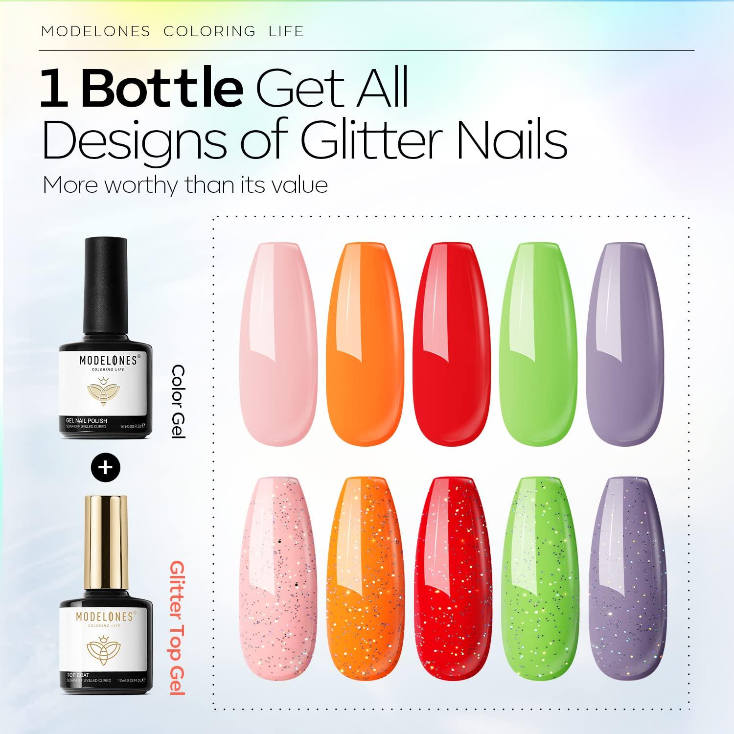 Modelones Glitter Gel Top Coat, Iridescent Silver Mix Glitter No Wipe Top Coat Gel Glossy