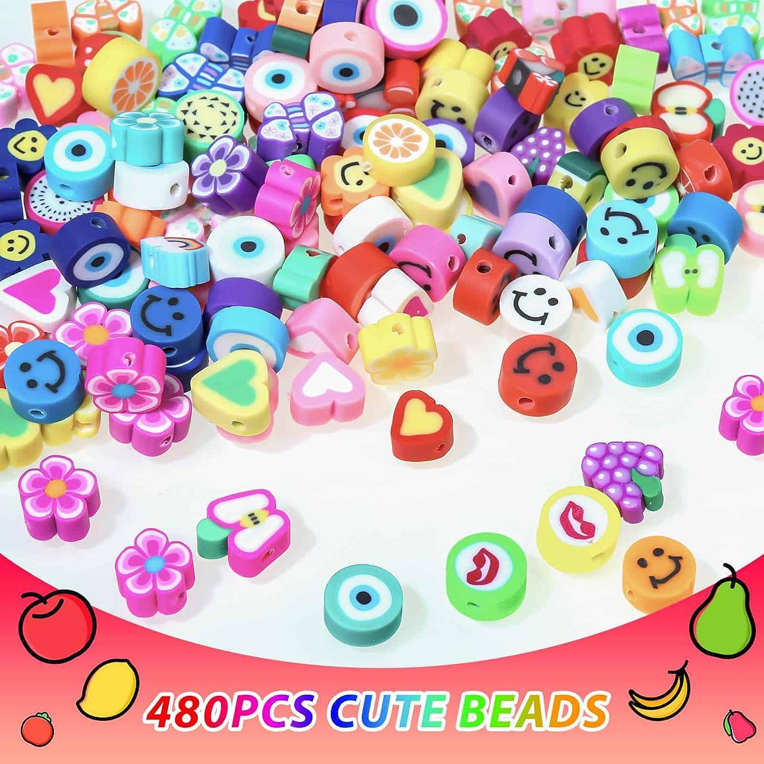 480 Pcs Fruit Flower Polymer Clay Beads, 24 Styles Trendy Cute Smiley Bead  Charms for Bracelets Jewelry Necklace Earring Making with Elastic String