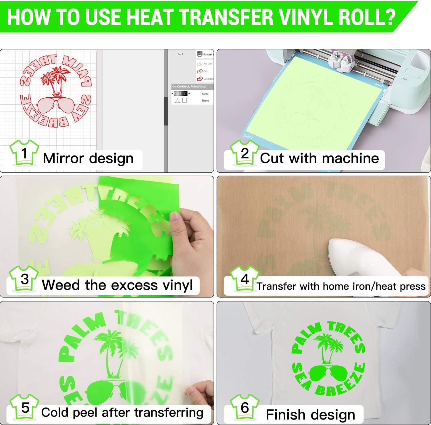 HTVRONT HTV Vinyl Neon Green Heat Transfer Vinyl Roll - 12in x10ft PU Vinyl  HTV Iron on Vinyl Easy to Cut & Weed for Heat Vinyl Design (Fluorescent  Green)