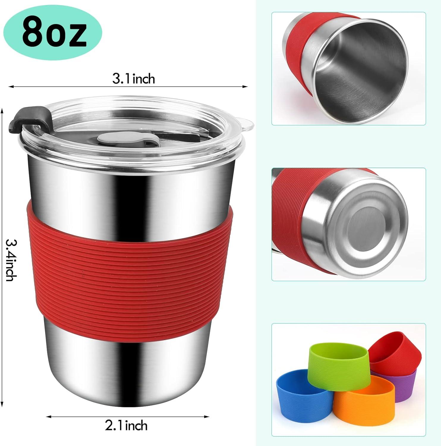 ShineMe Stainless Steel Cups, 5pack Kids Cups with Spill Proof Lids,  Stainless Steel Straws and Colorful Silicone Sleeves, 12oz Unbreakable Kids