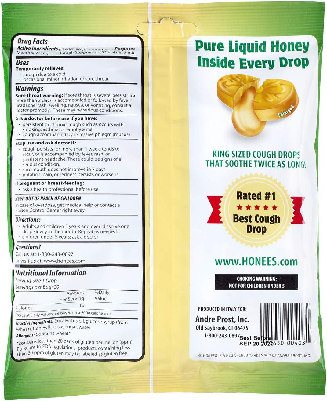 Honees Honey Menthol Cough Drops 20Piece Single Pack Lozenges for