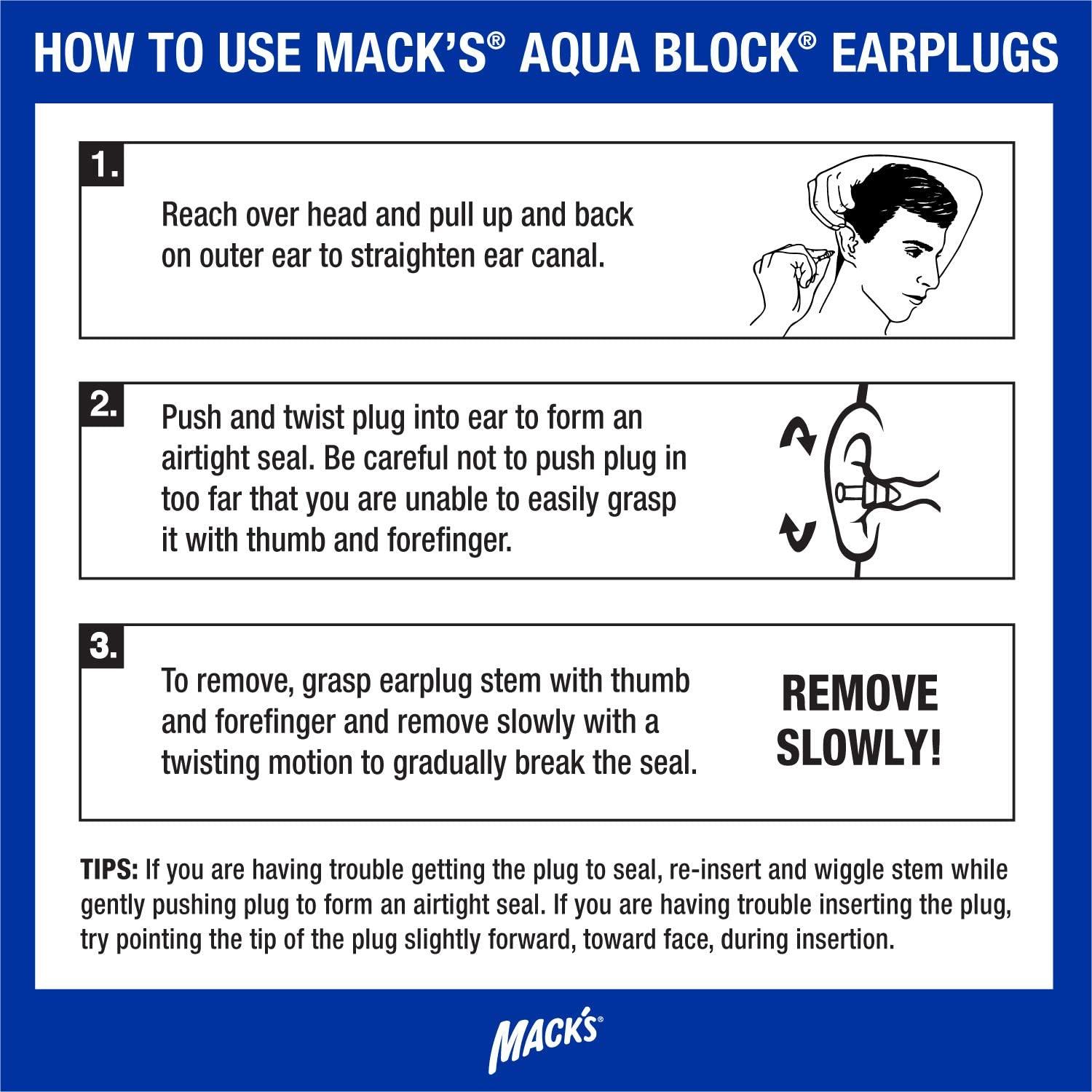 Mack's AquaBlock Swimming Earplugs, 3 Pair Comfortable, Waterproof