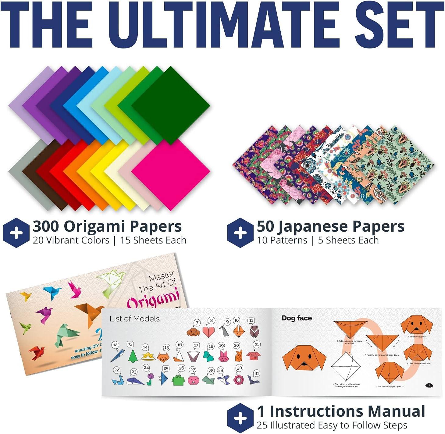 Origami Paper, 350 Origami Paper Kit, Set Includes - 300 Sheets 20 Colors  6x6, 50 Traditional Japanese Patterns, Origami Book 25 Easy Colored  Projects, Kids Crafts