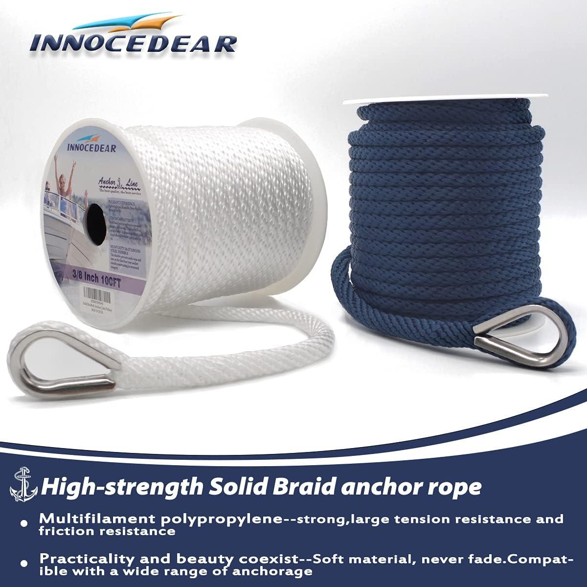 INNOCEDEAR Anchor Rope Braided Anchor Line(Navy, 3/8 x 100') Premium Solid  Braid MFP Boat Rope with Stainless Steel Thimble, Quality Marine Rope, Boat  Accessories