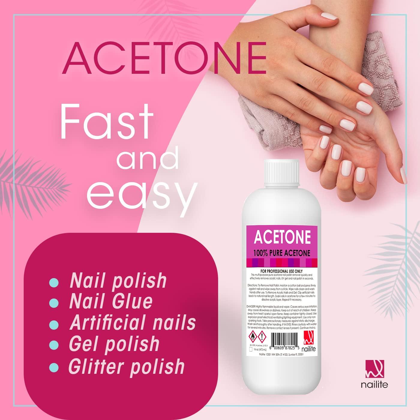 Nailite Nail Polish Remover 100% Pure Acetone, Quick Professional  Ultra-Powerful Remover, for Natural, Gel, Acrylic, Shellac Nails and Dark  Colored Paints (16 Fl. Oz.) 16 Fl Oz (Pack of 1)