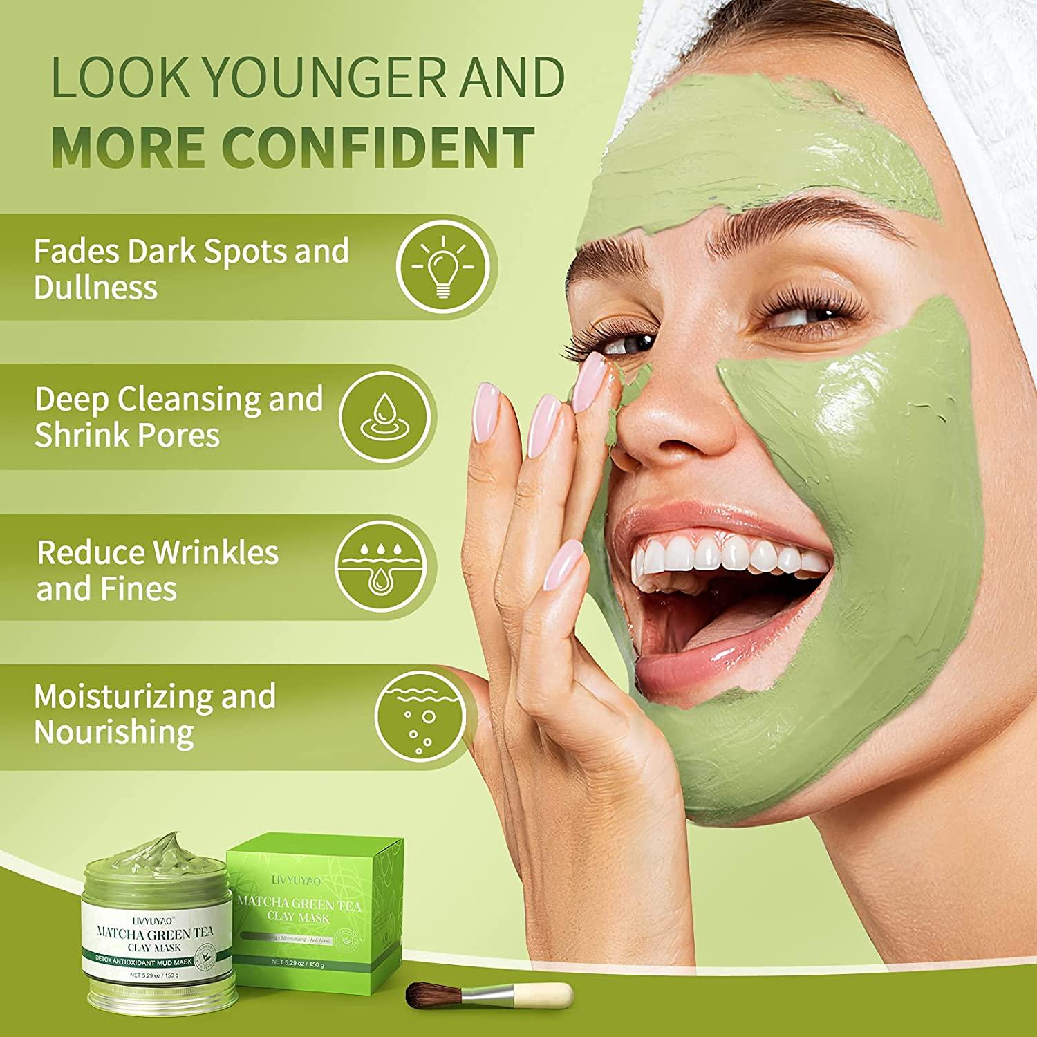 Green Tea Clay Facial Mask, LIVYUYAO Green Clay Mask with Volcanic Mud