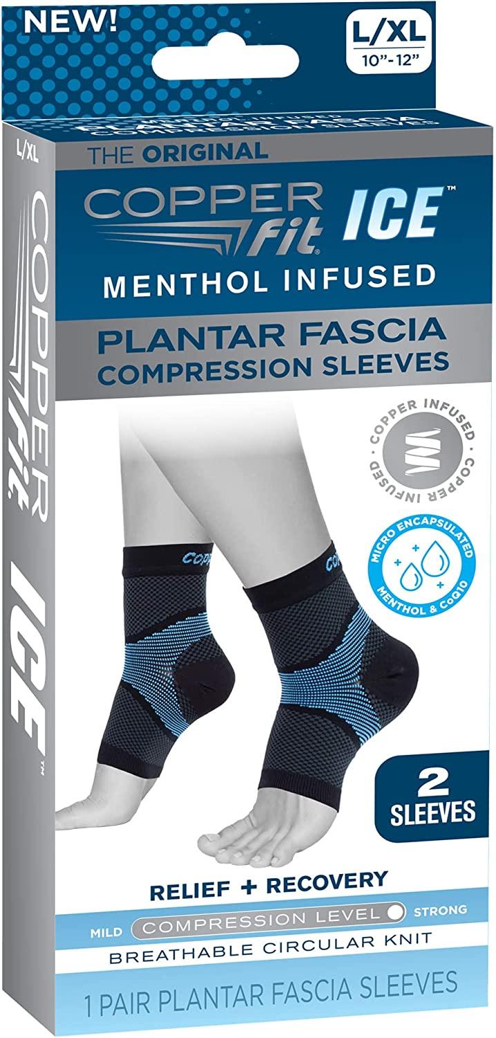 Copper Fit ICE Plantar Fasciitis Compression Ankle Sleeve Menthol Infused (1 Pair, L/XL)