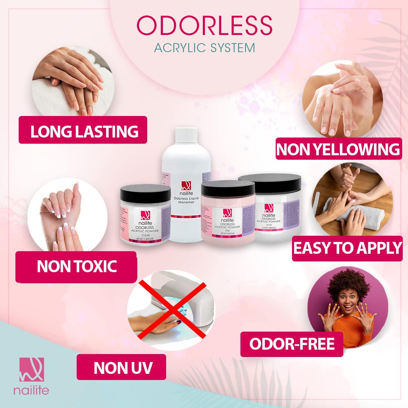 Nailite Odorless Liquid Monomer 8 Oz, Clear color, NonYellowing, Non