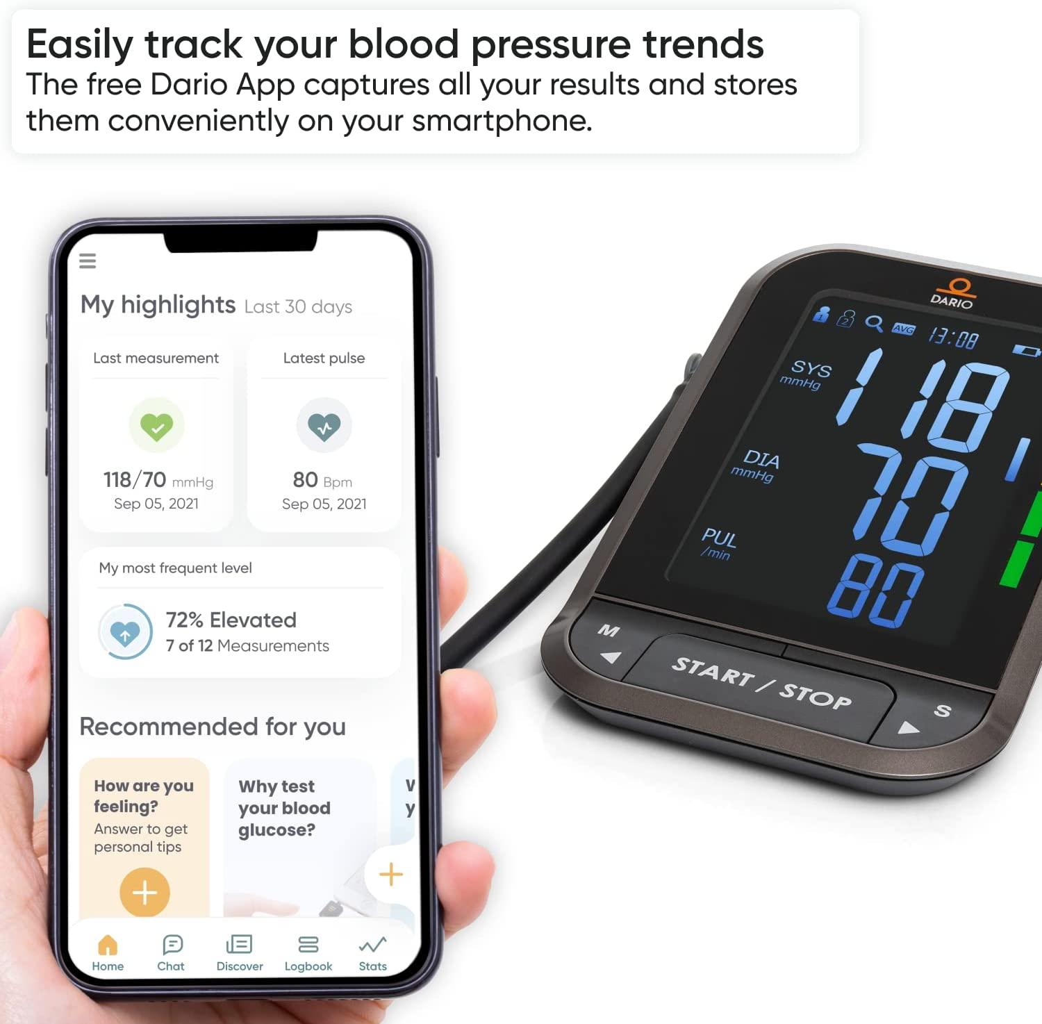 Dario Blood Pressure Monitor Gen2 - Automatic Digital BP Machine with Large  Backlit Display Upper Arm Meter and Large Cuff for Accurate Home Use, with  Carrying Case (Large 8.75-16.5 in (22-42cm))