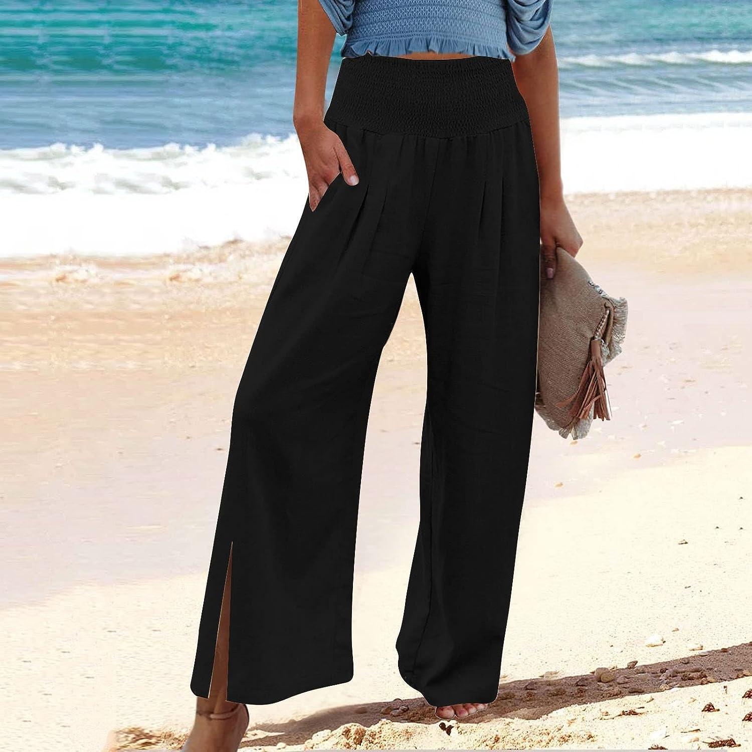 KICILVS Wide Leg Linen Pants for Women High Waisted Palazzo Pant Flowy  Summer Beach Pants with Pockets Loose Fit Trousers Black XX-Large