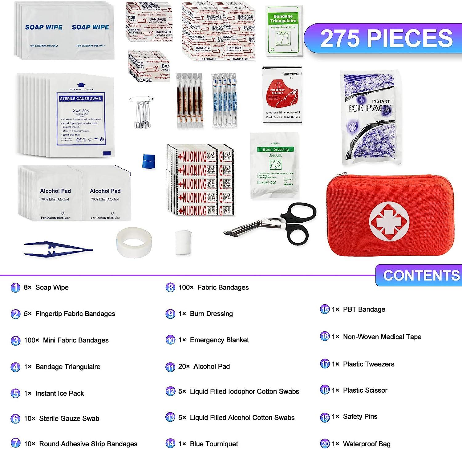 275Pcs Travel First Aid Kits for Car Emergency Preparedness Items Urgent  Accident Essentials Kit Survival Gear Equipment Sports First Aid Kit for  College Dorm Student, Home, Boat, Red YIDERBO