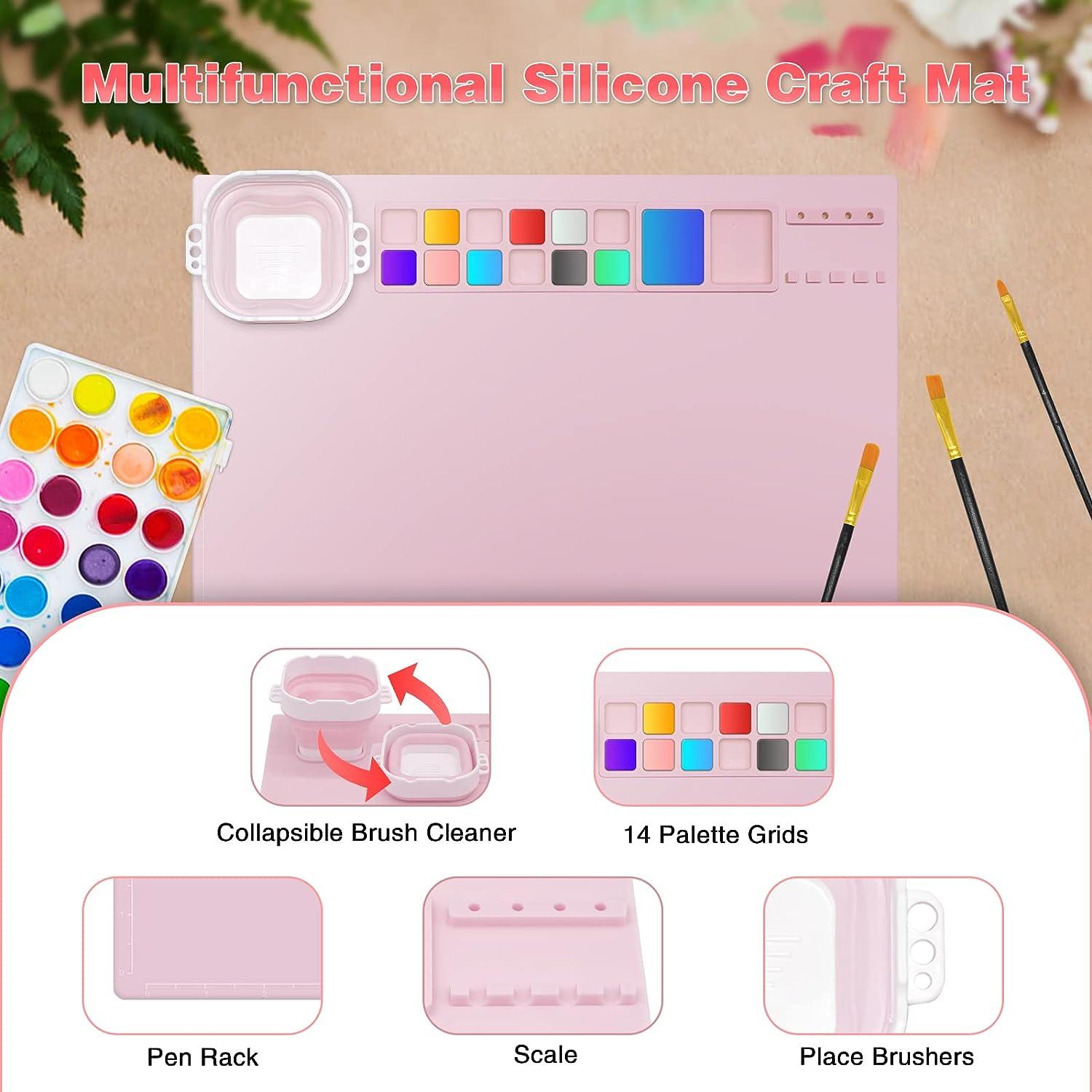 Pradory Silicone Art Mat,20x16 Large Silicone Crafting Mat for Kids,Non-Stick  Silicone Artist Mat with Water Cup/Sponge/12 Paint Dividers for Crafts, Painting,Art,Resin,Table,Clay,DIY Creations-Pink