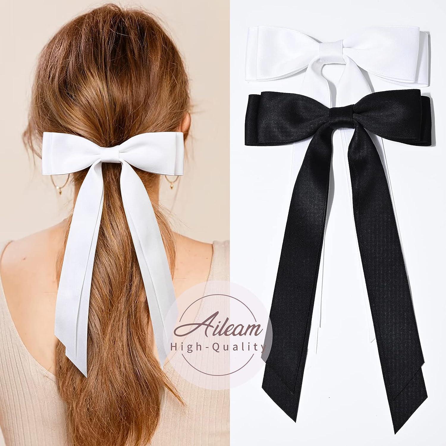 2PCS Silky Satin Hair Bows Hair Clip Black White Hair Ribbon