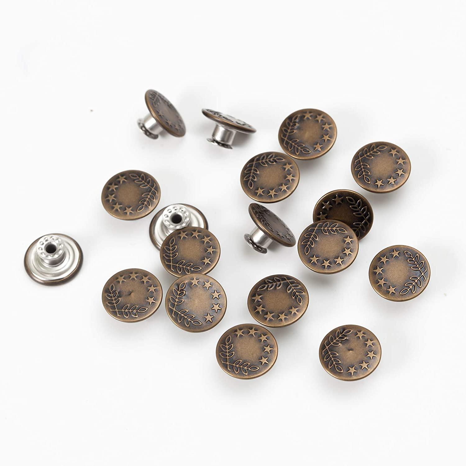20 Sets 17mm Replacement Jeans Buttons Pants Metal Button Snap Denim  Buttons Replacement Kit Suspender No Sew Buttons with Rivets  metallic_17mm_5star2Leaves 0.67inch(17mm)