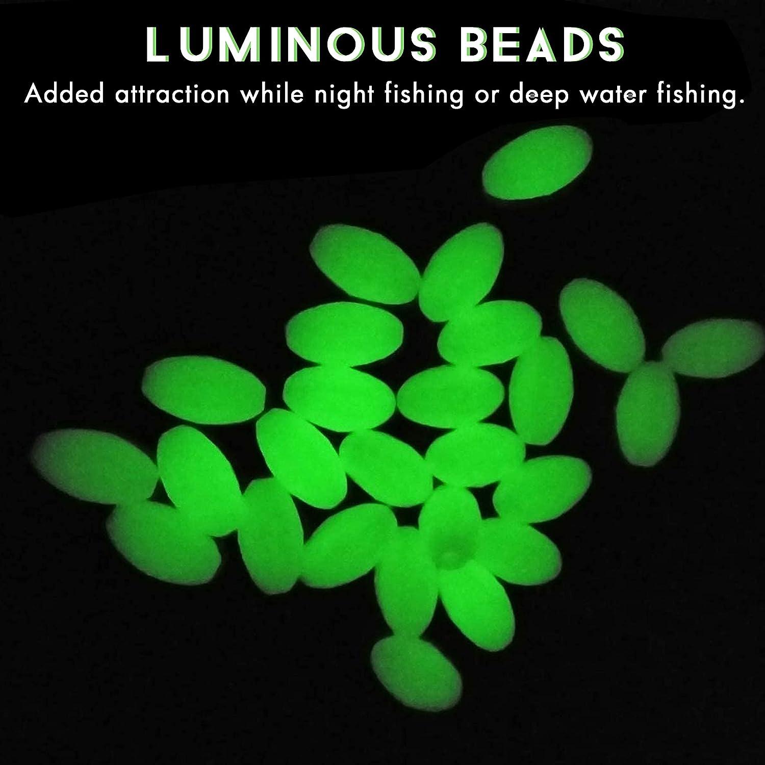 SILANON Glow Fishing Beads Saltwater,100pcs Hard Plastic Luminous Fish Line  Beads Oval Round Bait Eggs Lure Tackle for Fishing Rigs Glow in Dark White
