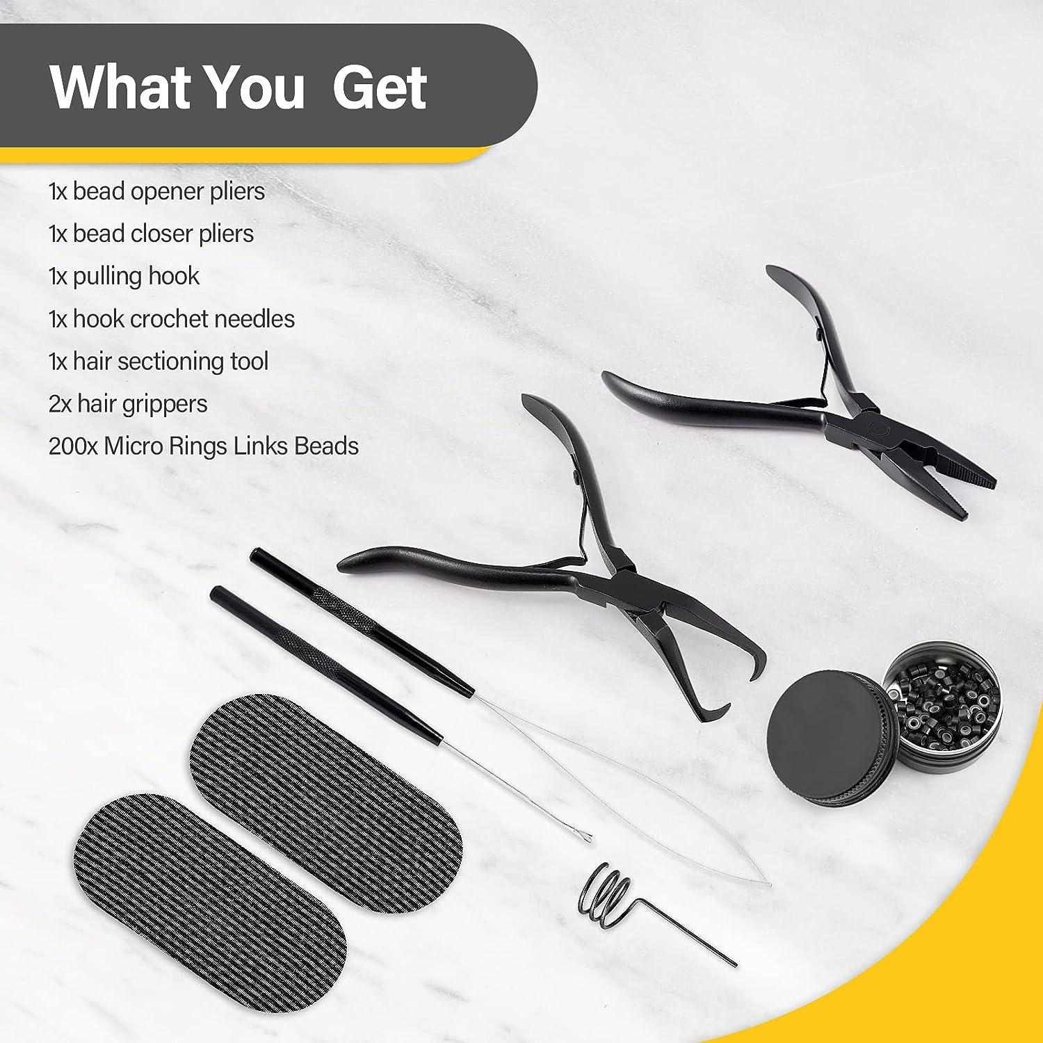 Gomake Microlinks Hair Extensions Kit Hair Extension Closer and Removal  Pliers Micro Beads Pulling Hook & Microbead Loop Tool Micro Links Silicone  Rings Bead 200PCS(Black)