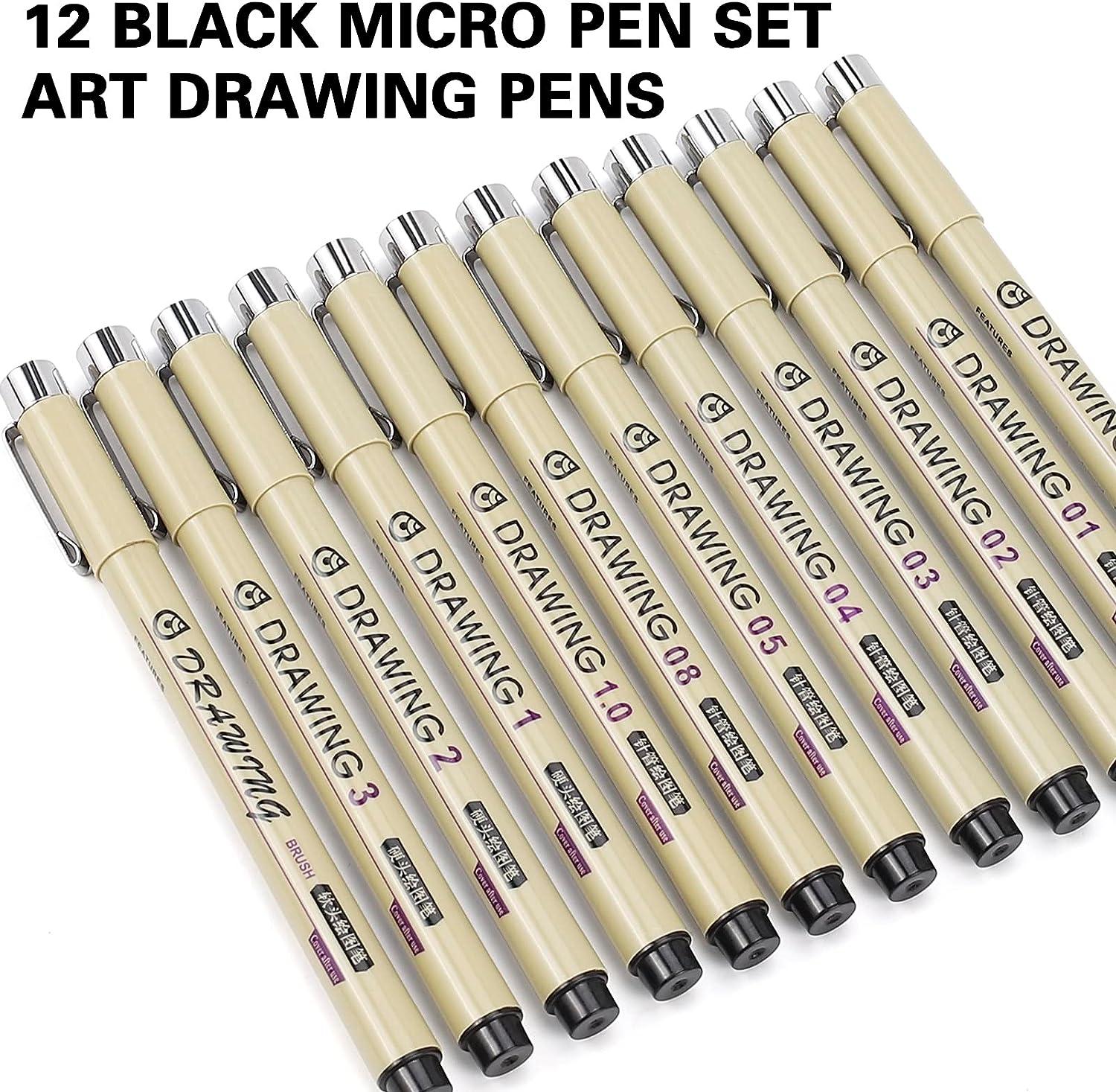 Micro Fineliner Drawing Art Pens: 12 Black Fine Line Waterproof