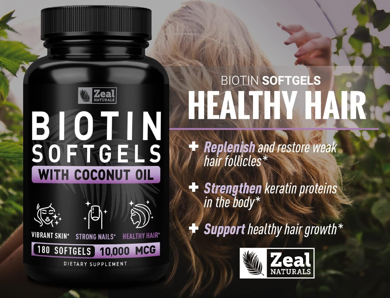 Biotin with Coconut Oil for Hair 10000mcg (180 Softgels) Biotin Supplement  - Biotin Pills for Hair Skin and Nails Vitamins for Women Biotin Capsules  for Men Hair Growth 6 mo Supply