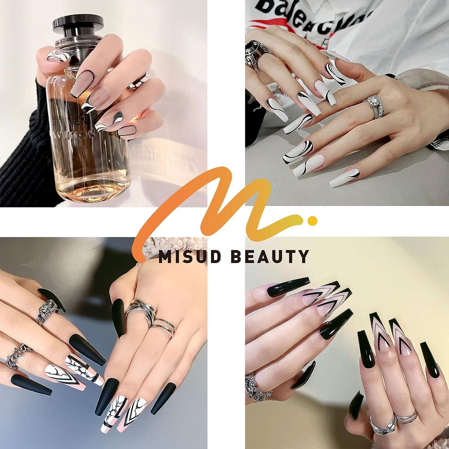  MISUD 24Pcs Coffin Press on Nails, Nude Glossy Fake Nails,  Ballerina Yellow Full Cover Acrylic Nails with Design for Women and Girls :  Beauty & Personal Care