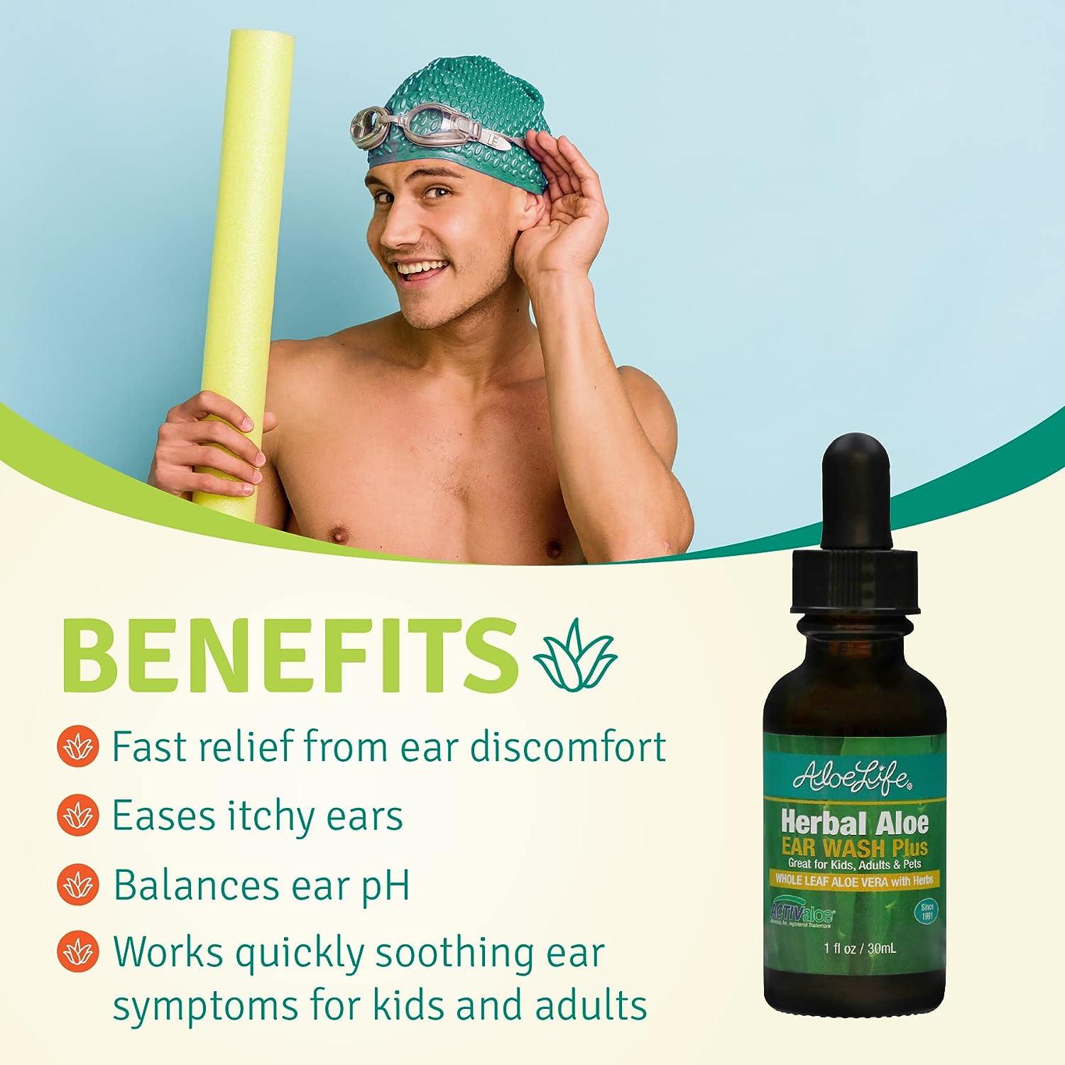 Aloe Life Herbal Aloe Ear Wash Plus - Soothing Relief for Ear Irritations,  Swimmer's Ear & Itchy Ears - Whole Leaf Aloe Vera with Herbs - Safe for  Animals - 1oz |