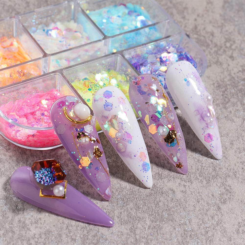 Holographic Luminous Nail Glitter Sequins, 6 Colors Nail Art Stickers  Fluorescent 3D Sparkly Nail Art Flakes Shinning Colorful Confetti Manicure  Tips Decorations Nail Powders for Acrylic Nails Charms Glitter 4