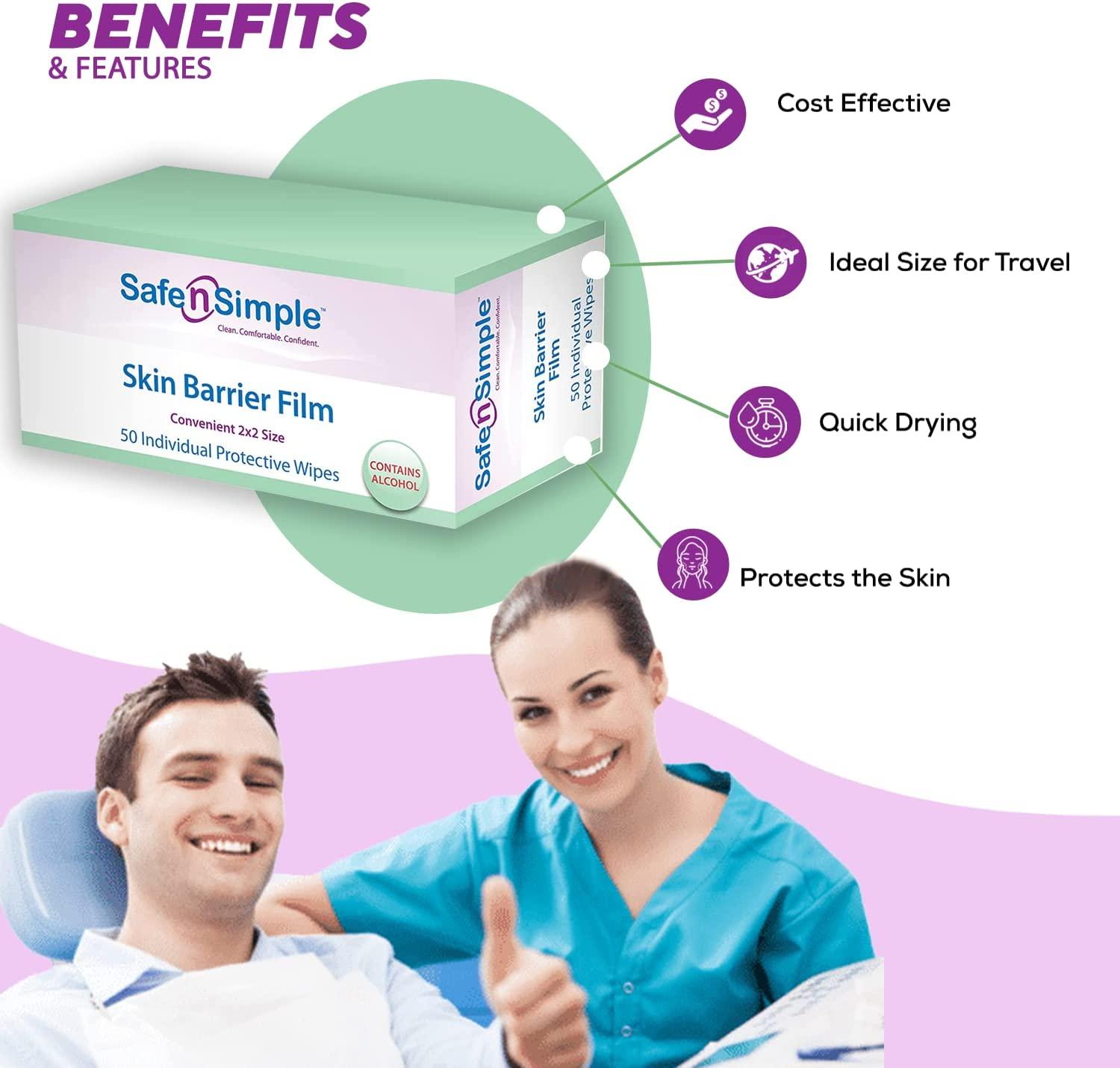 Safe n' Simple Skin Barrier Wipes 50 Large 2x2 Film Wipes Skin Prep