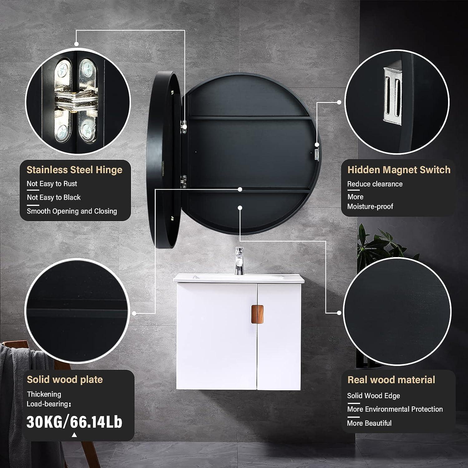 SDK Round Bathroom Mirror Black 50CM Wall Storage & Medicine