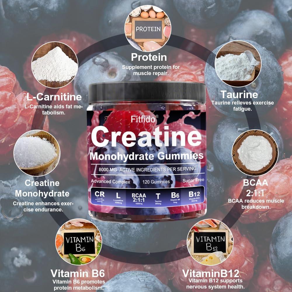 Creatine Monohydrate Gummies Complex 8000mg for Men and Women Containing L- carnitine & Taurine Build Muscle Boost Energy Faster Recovery Sugar Free &  Vegan Raspberry & Blackberry 120 Count | Buy Now with