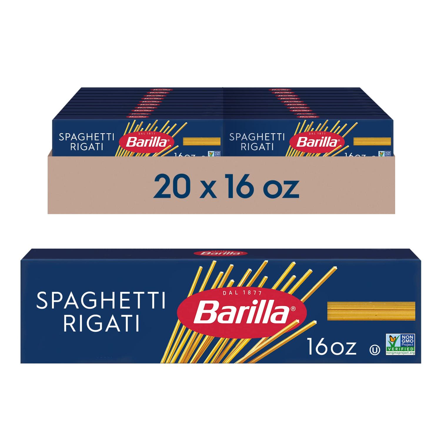 Barilla Spaghetti Rigati Pasta, 16 oz. Box (Pack of 20) NonGMO Pasta Made with Durum Wheat