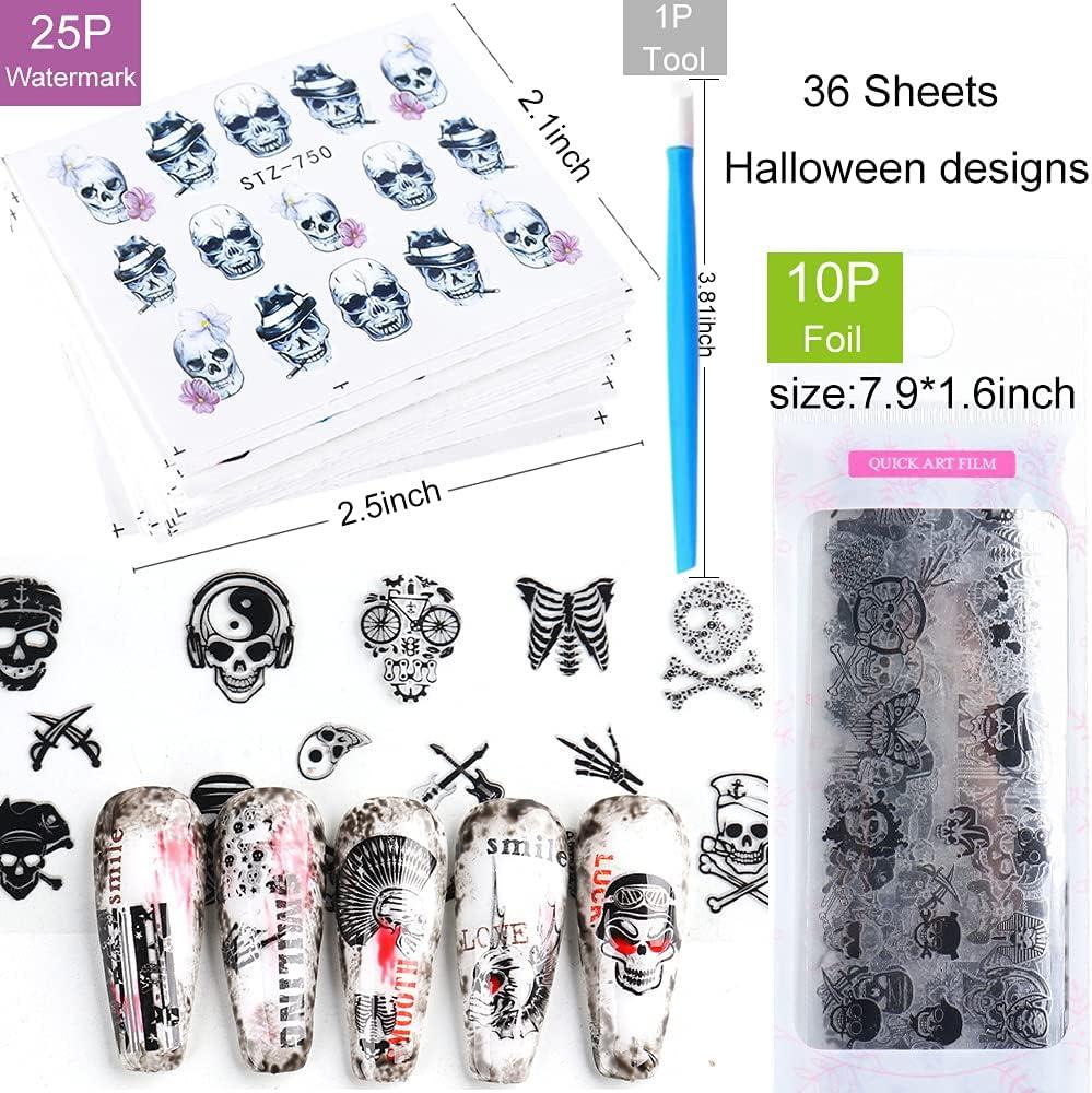 10pcs Skull Black White Scary Halloween Nail Art Foil Transfer Decals  Manicure