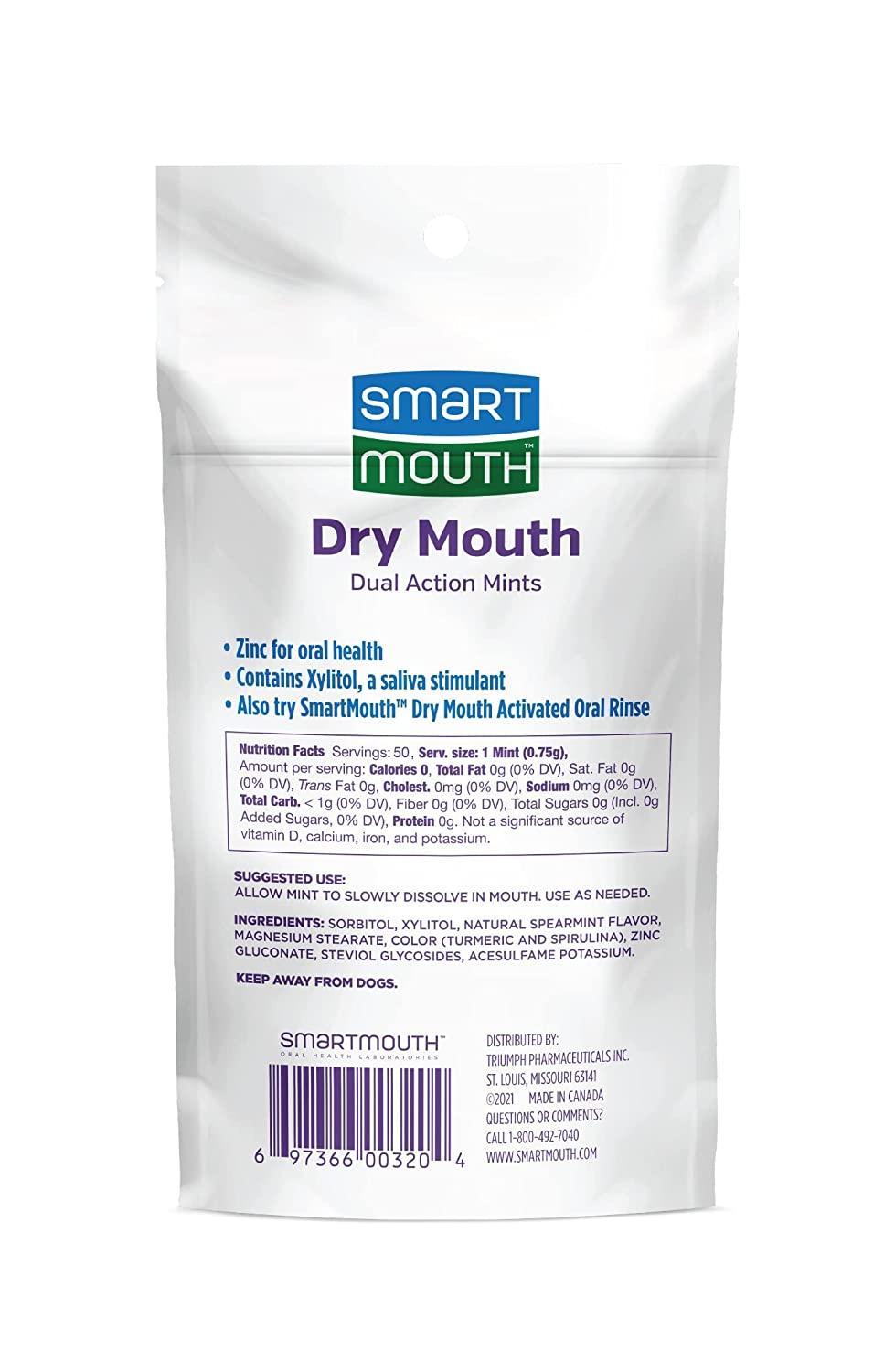 SmartMouth Dry Mouth DualAction Mints SugarFree Breath Mints 50 Count, 3 Pack, Mellow Mint