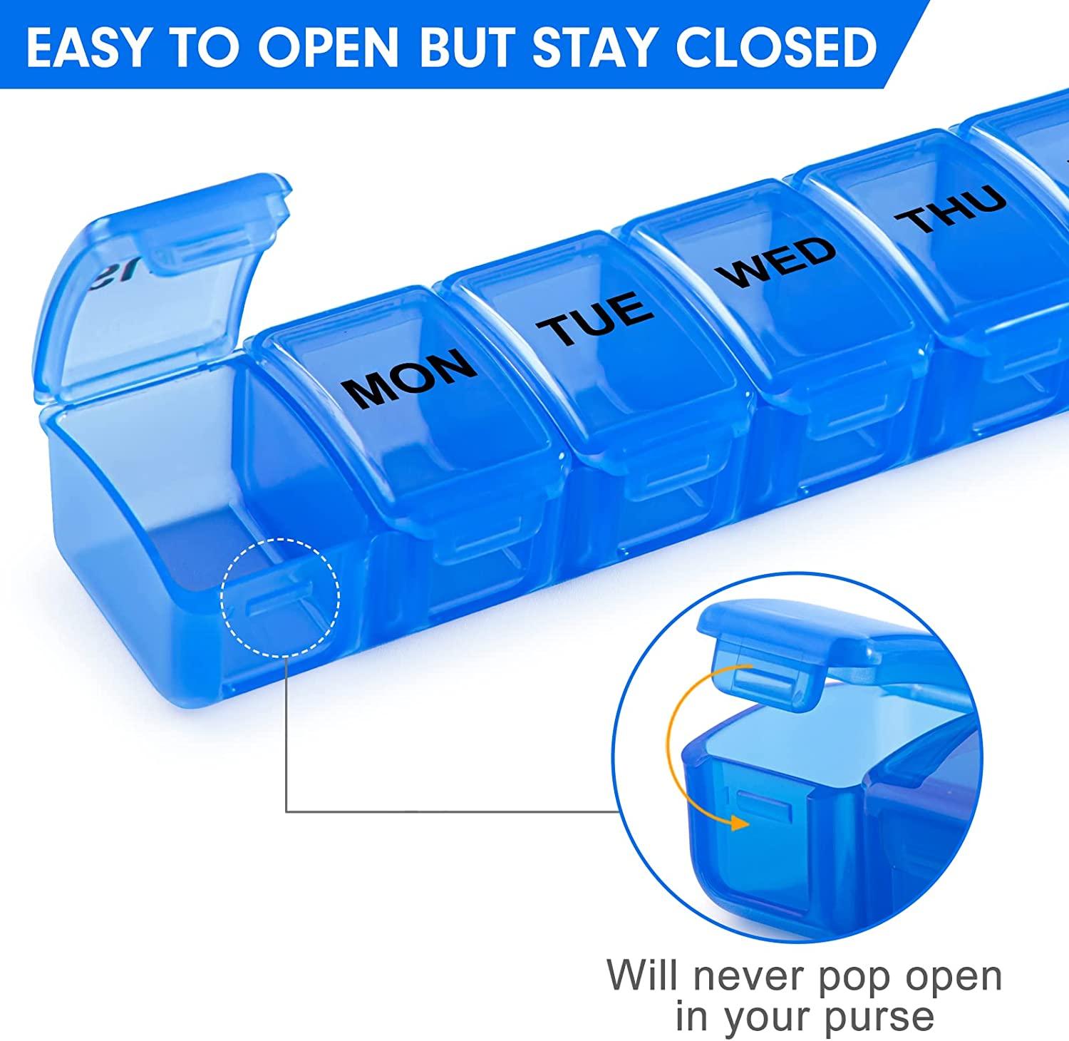 Pill Bottle Organizer, Daviky Supplement Organizer with 7 Large Compartments, Travel Pill Dispenser Round Pill Box with Two Lids(Blue)