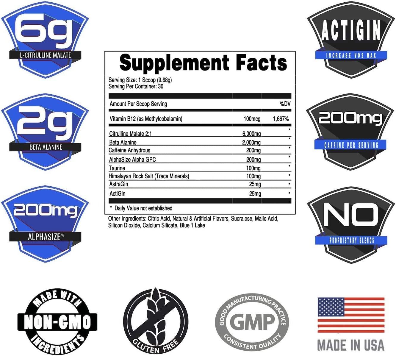 Bucked Up Pre Workout with 6g Citrulline, 2g Beta Alanine Blue Raz