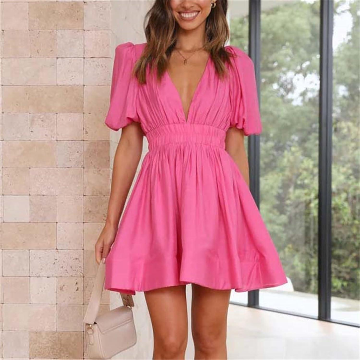 Women's Summer Style New Fresh Sweet Deep V Waist Elastic Pleated Dress Formal Beaded Sleep Wear Dress Women Plus Hot Pink Large