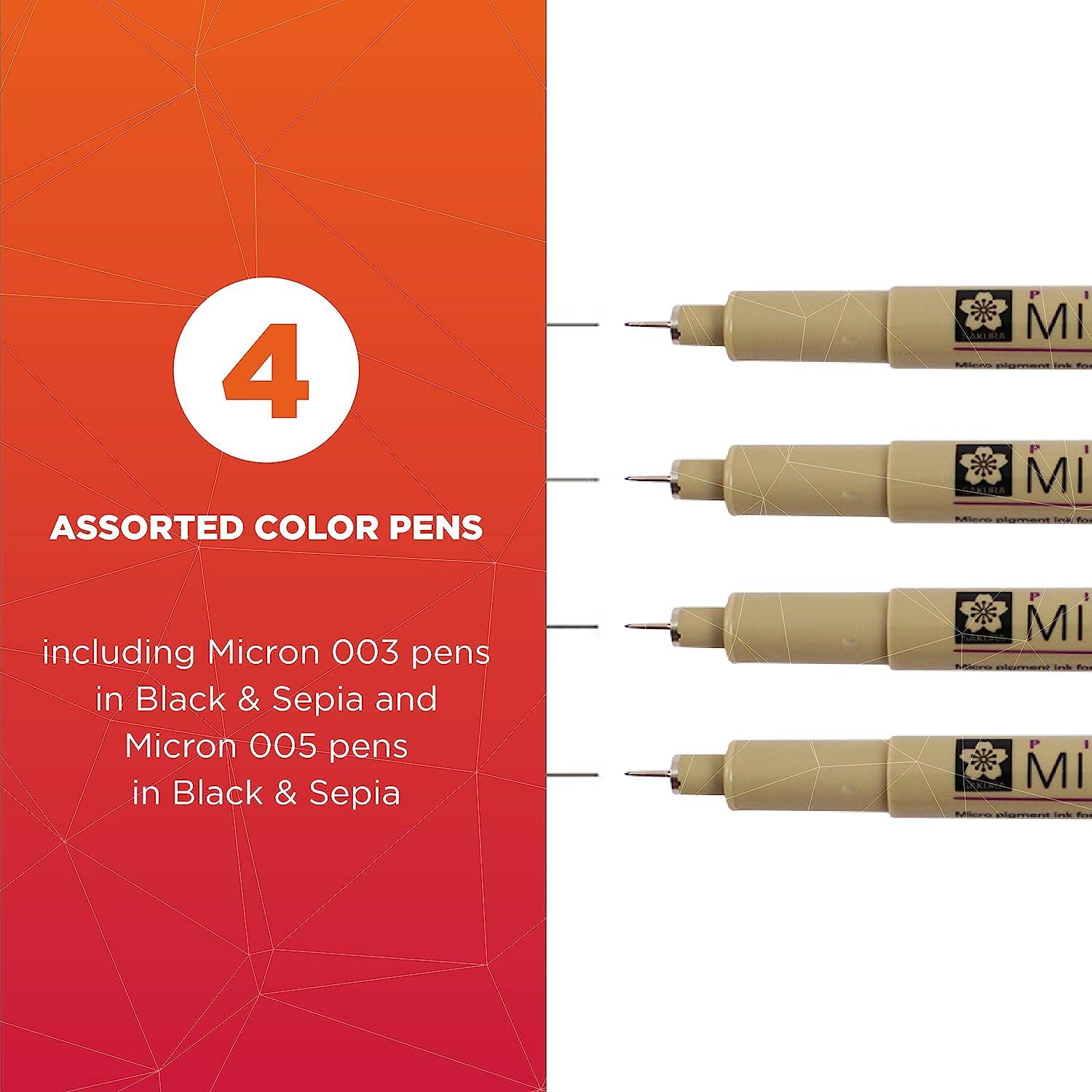 SAKURA Pigma Micron Fineliner Pens - Archival Black and Brown Ink Pens -  Pens for Writing Drawing or Journaling - Black and Brown Colored Ink - 003  and 005 Point Size - 4 Pack Fine Tip