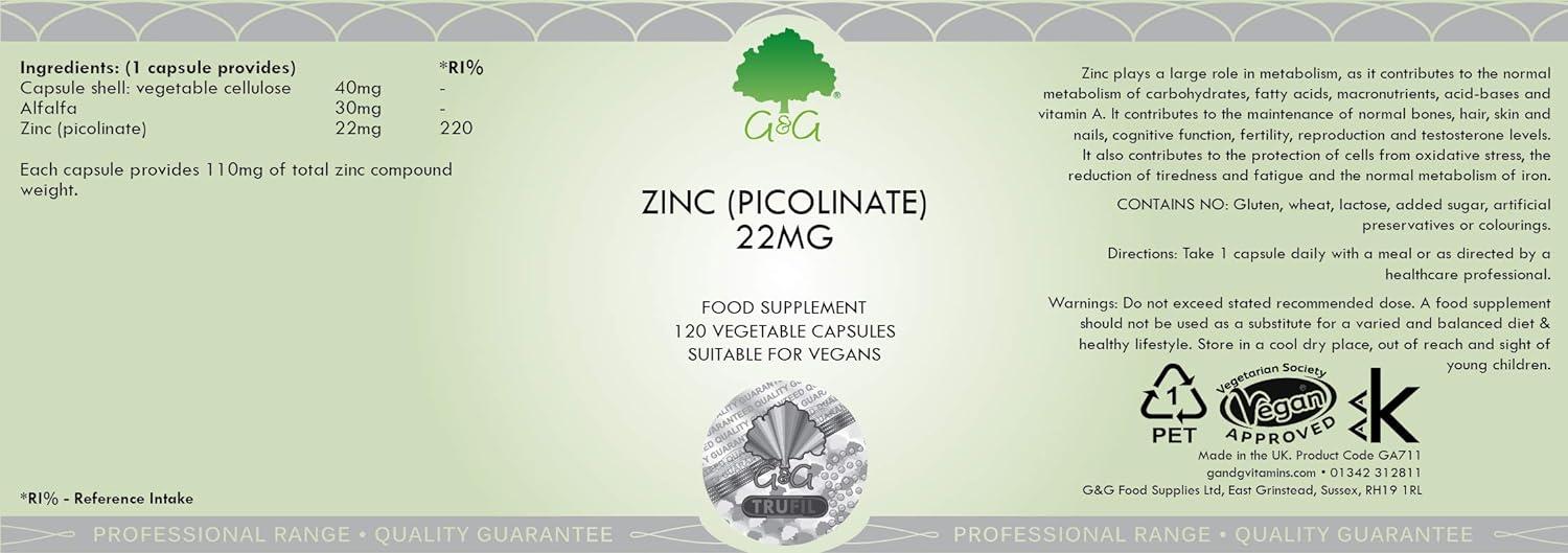 Zinc Picolinate 22mg Elemental Zinc per Capsule 120 Vegan Capsules Chelated Zinc for