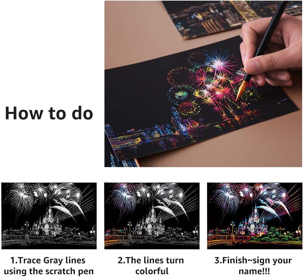 Rainbow Scratch Art Painting Paper (A4) for Kids & Adults, DIY Night View  Scratchboard Set: 4 Sheets Scratch Cards & Drawing Pen, Clean Brush (USA)
