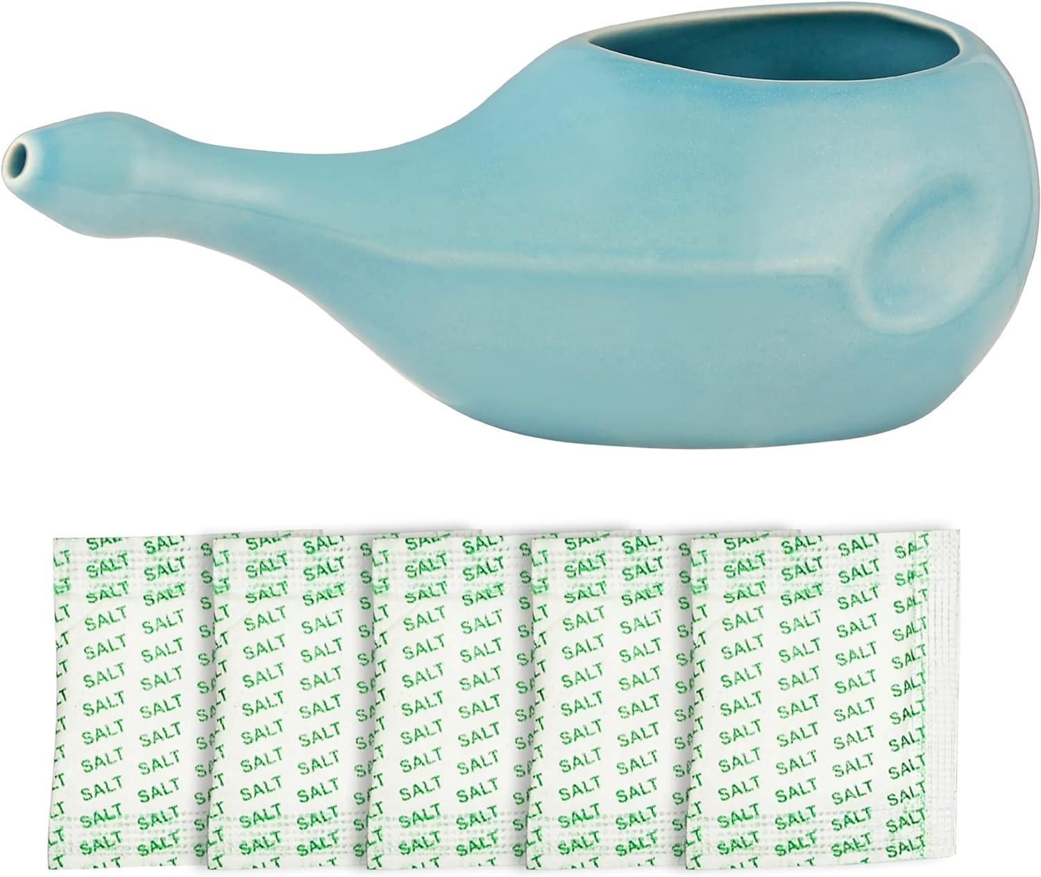 HealthGoodsIn Ceramic Neti Pot Dishwasher Safe for Nasal Cleansing + 5